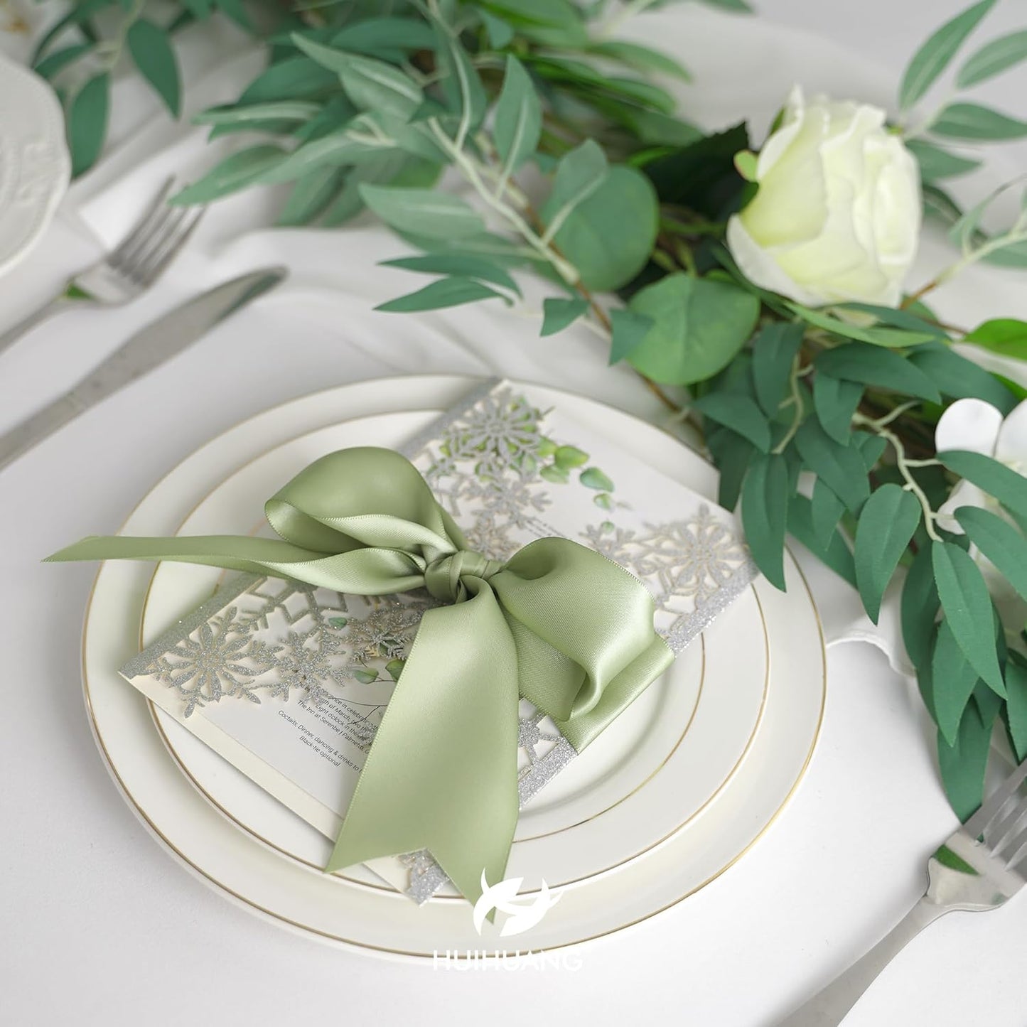 HUIHUANG Sage Green Satin Ribbon - 25 Yards/Roll for Flower Bouquets, Wedding Invitations, Gift Wrapping, Holiday Decor, Hair Bows