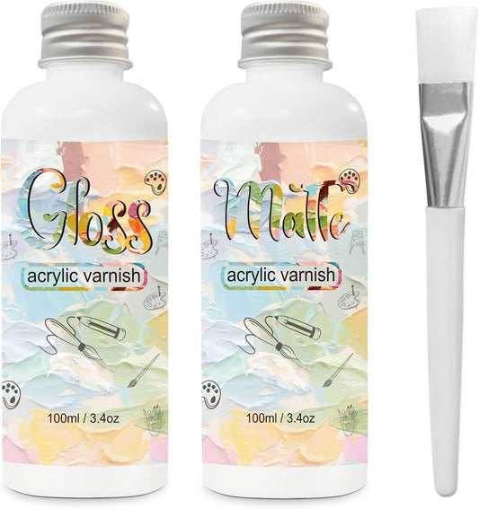 Gloss Varnish for Acrylic Painting, 2 x 100ml Clear Acrylic Varnish Keeps Paintings from Yellowing, Cracking, Maintains Permanent Color (Gloss + Matte)