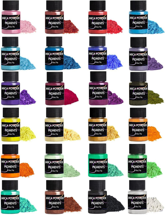 Mica Powder, 24 Colors Pearlescent Pigment Powder for Epoxy Resin, 240g Pearl Pigment Set for Soap Making, Bath Bomb, Candle Making, Art Crafts, Lip Gloss, Nail Polish, Dye