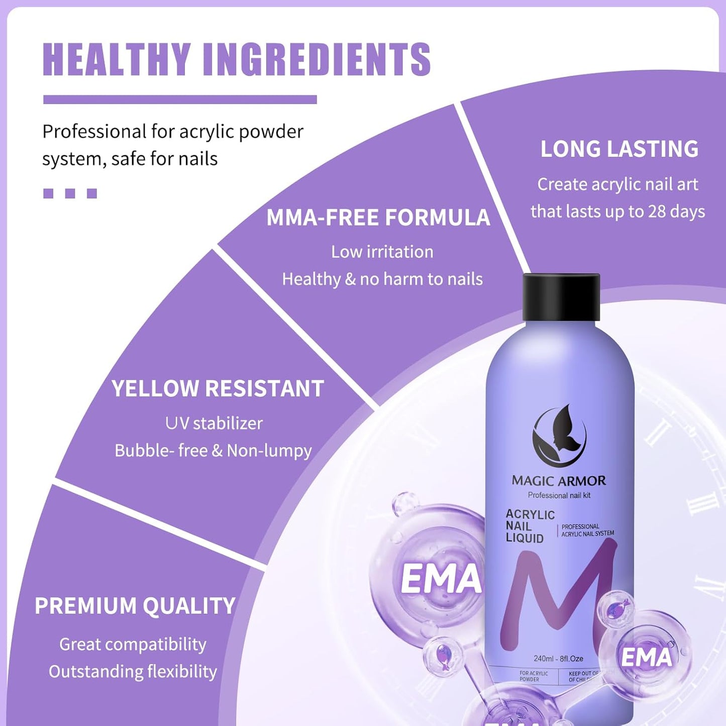 8FL.OZ Acrylic Liquid Monomer Acrylic Nail Liquid Non-Yellowing Acrylic Liquid Professional EMA Monomer Liquid for Acrylic Nail Extension and Carving, DIY Home Nail Salon Use