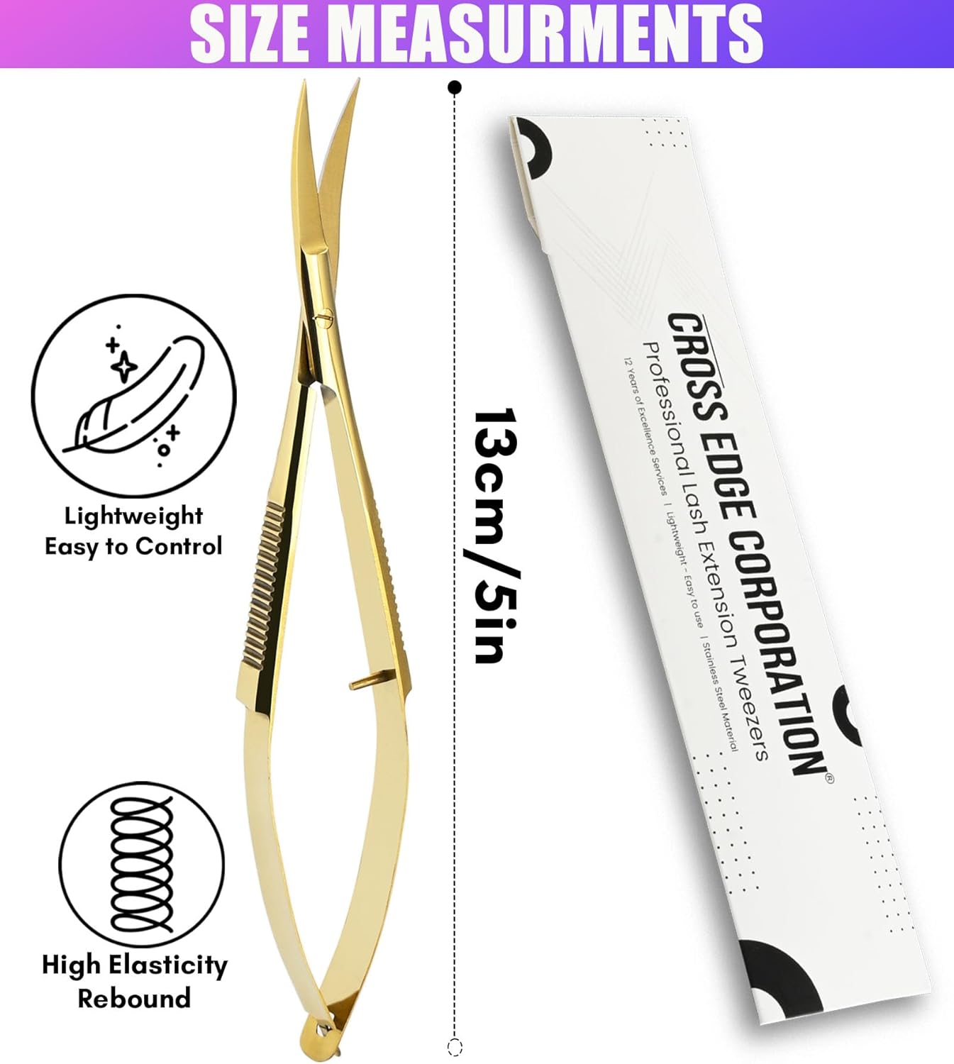 Cross Edge Curved Spring Scissors 5 Inch Stainless Steel Precision Eyebrow & Eyelash Shaping & Trimming Scissor, Snips Squeeze, Embroidery, Knitting Micro Tip Craft Scissors (Gold)
