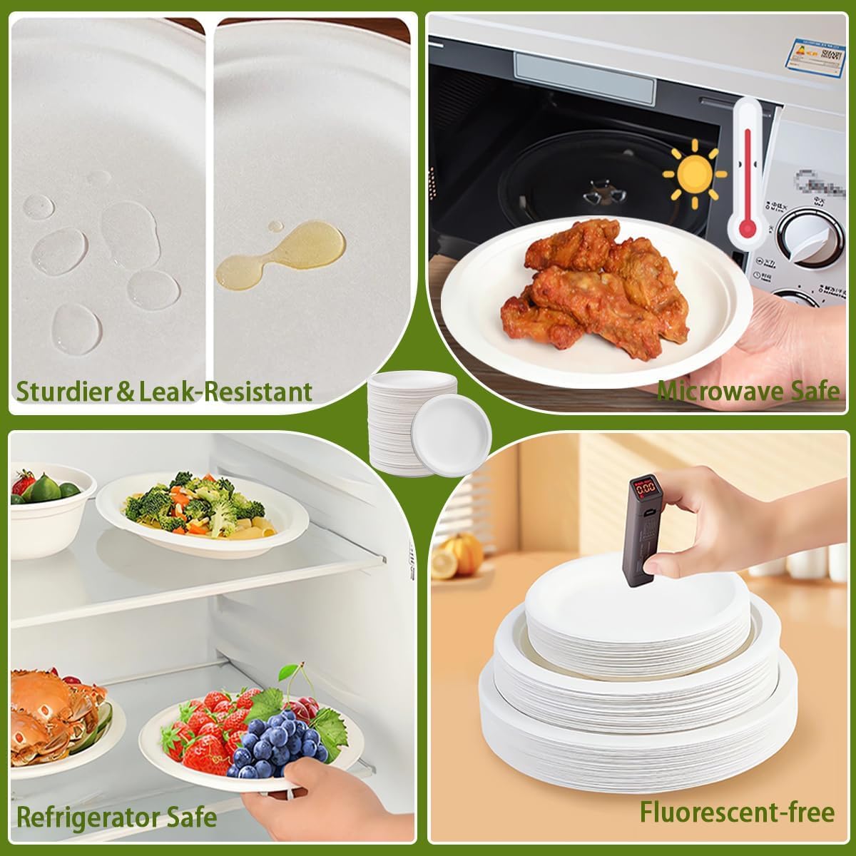 9 inch Plates Disposable Heavy Duty 150 Pack Leak Proof 100% Compostable Dinnerware Round White Paper Dishes Bagasse Made for Dessert, Parties, Wedding and BBQ (9 Inch)