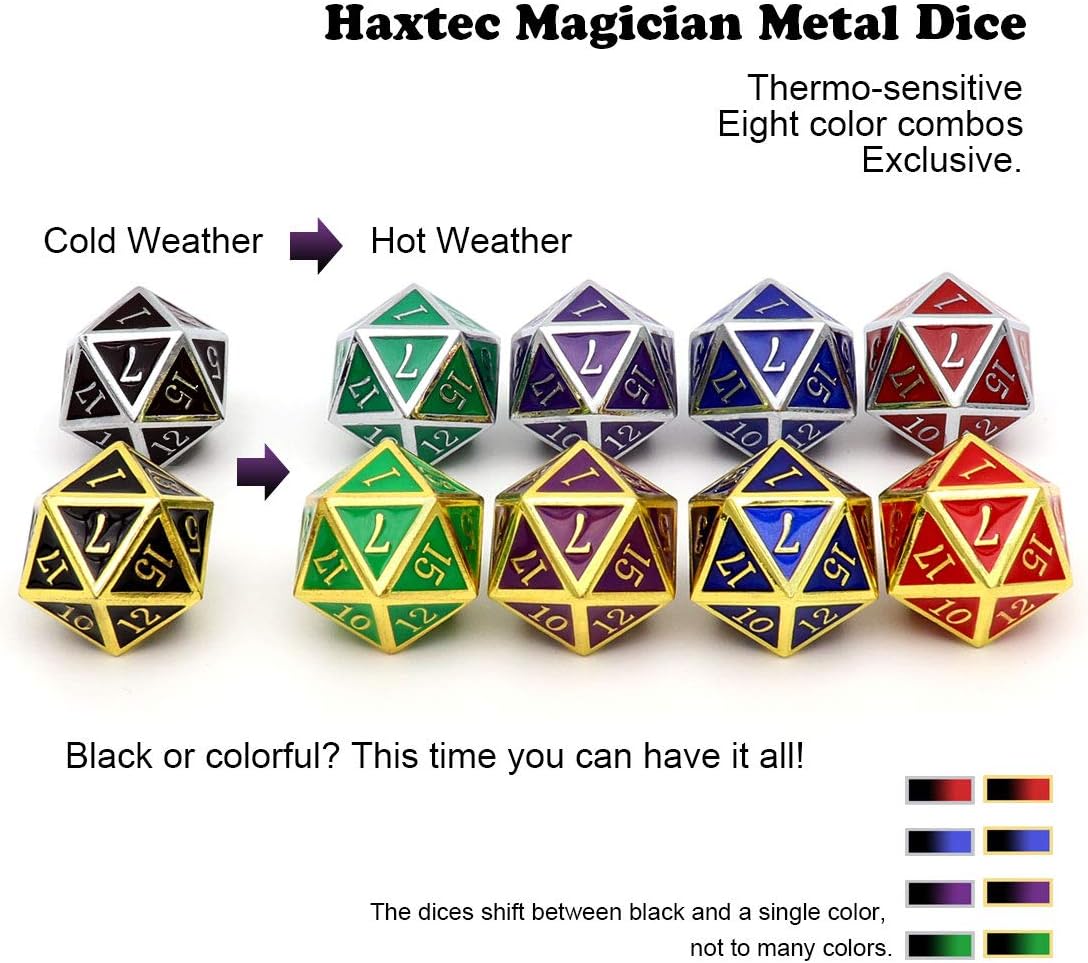 Haxtec Color Shifting Metal DND Dice Set Temperature Sensitive Polyhedral D&D Dices Compatible with Dungeons and Dragons RPG-Silver Black Green Shift