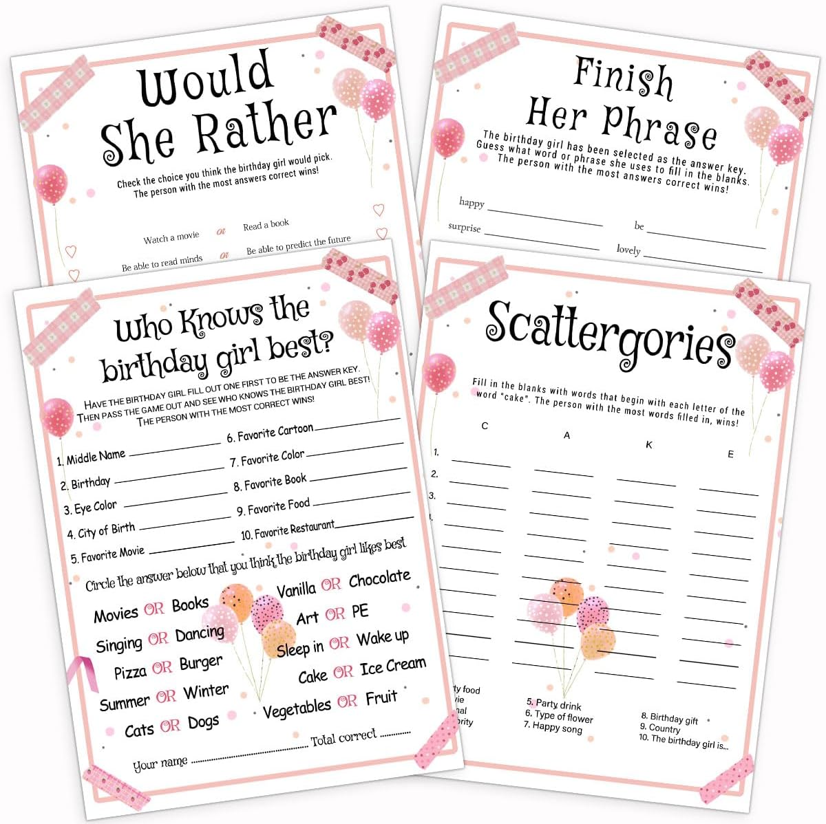 Birthday Party Games Set for Girls, Funny Girls Party Game, Girl Birthday‘s Supplies, Activity, Decorations, Includes Who Knows the Birthday Girl Best, Scattergories, 20 Double Sided Games Cards
