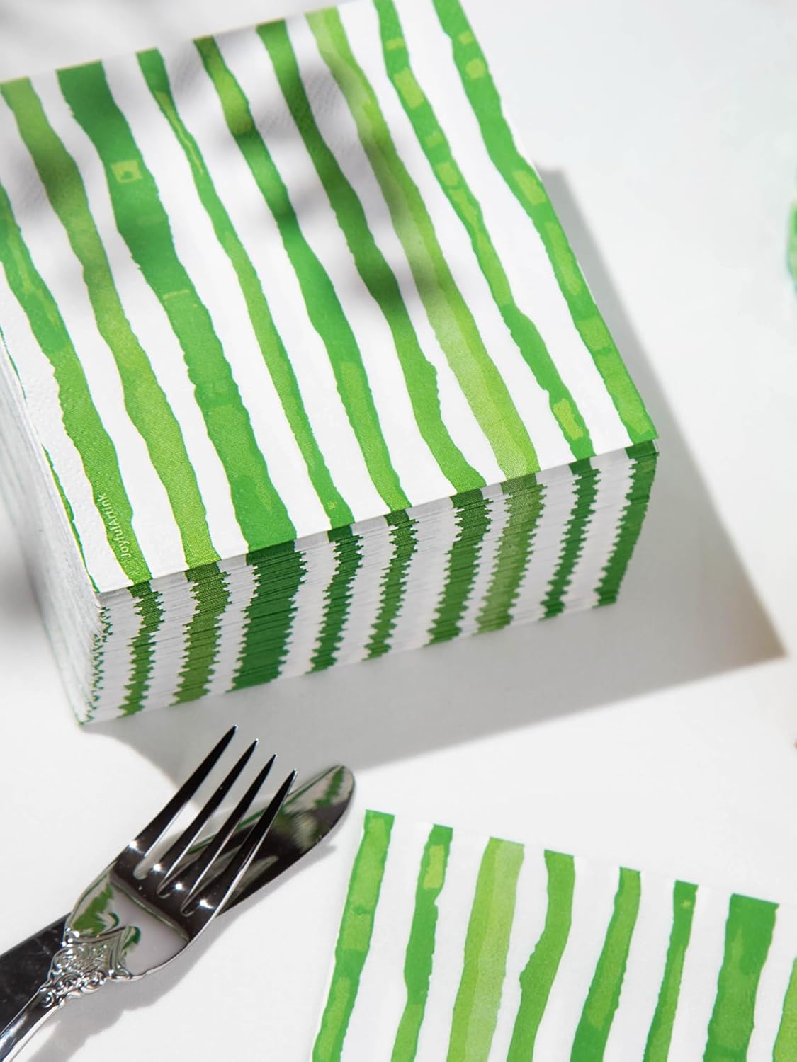 80 Pack Designer Cocktail Beverage Napkins, 3-Ply 5x5-inches Disposable Decorative Fall Winter Green and White Stripe Watercolor Napkin for Wedding Birthday Anniversary Party Baby Shower