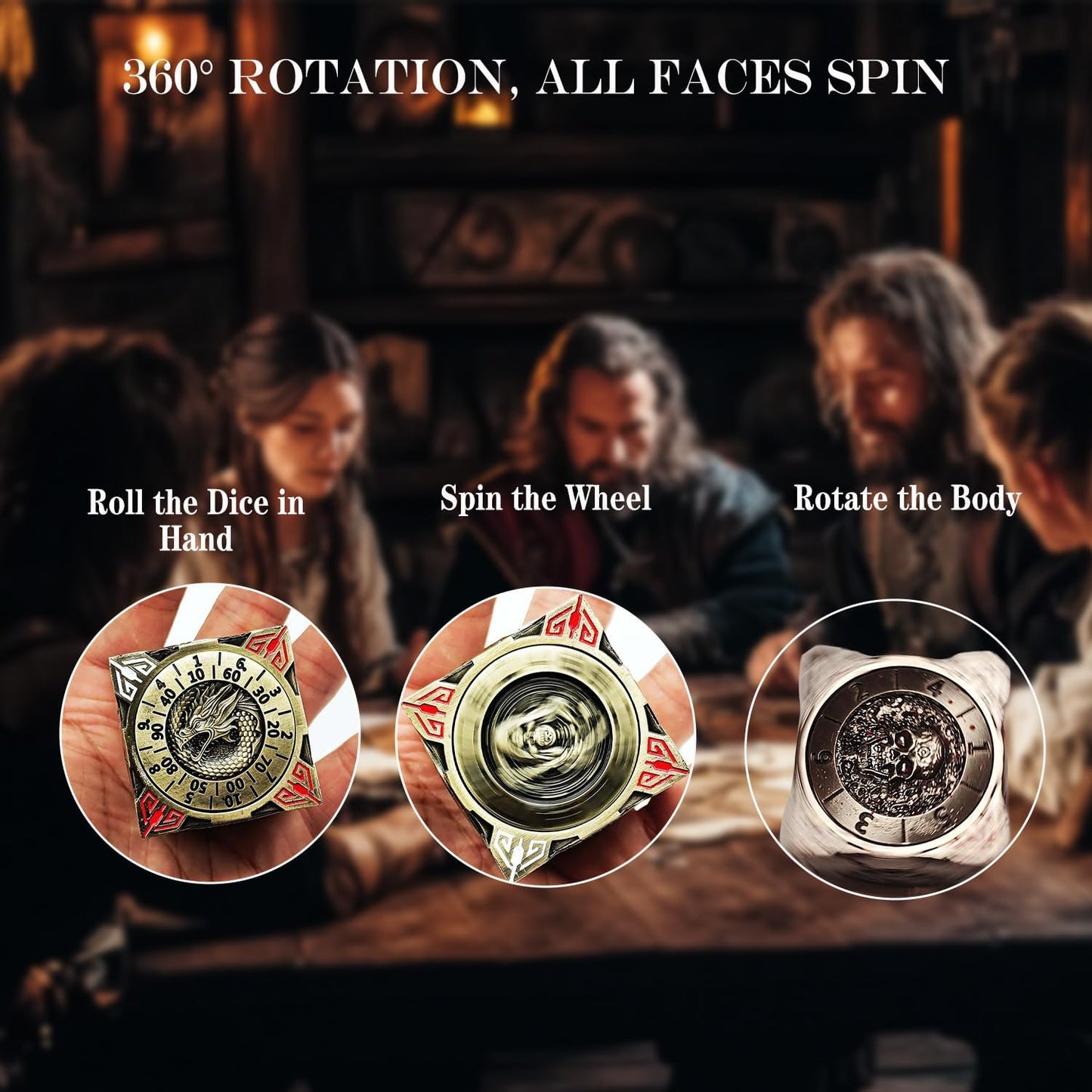 6 Sided Spinner DND Dice - Metal D4 D6 D8 D10 D10% D12 D20 All in One D&D Set - Cool Role Playing Gifts for Dungeons and Dragons TRPG MTG Games Lover Players Upgrade Ancient Bronze