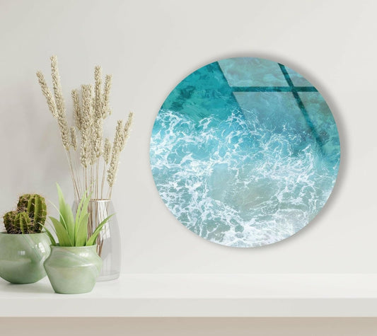 My Photostation.com 15.8''(40cm) Diameter Sea Waves Round Glass Wall Art Tempered Glass Printing Wall Decor Large Wall Art Wall Hangings