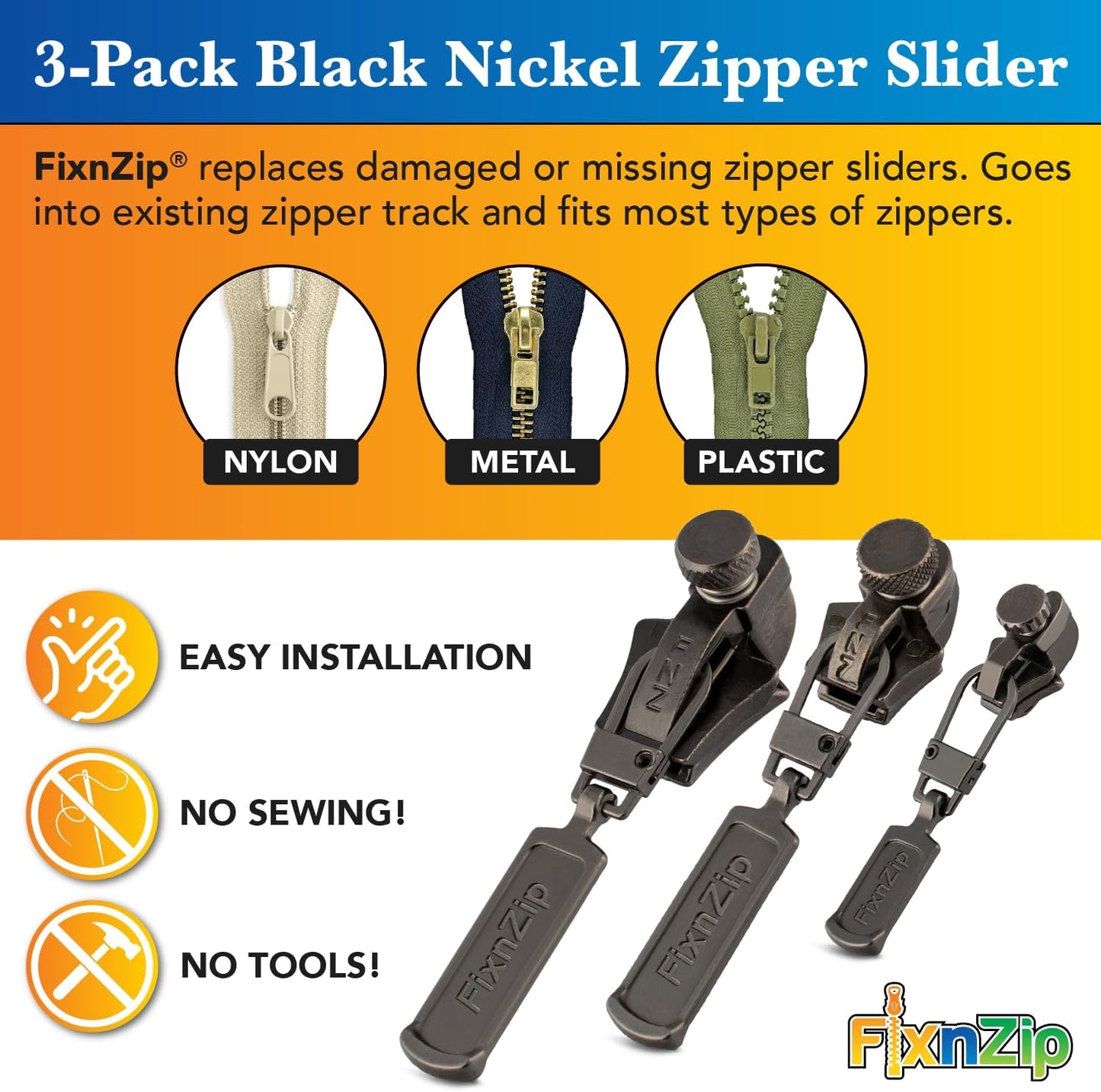 FixnZip (Black Nickel 3 Pack S,M,L) - Universal Zipper Repair Kit for Jackets, Luggage, Bags - Backpack Zipper Replacement Repair Kit