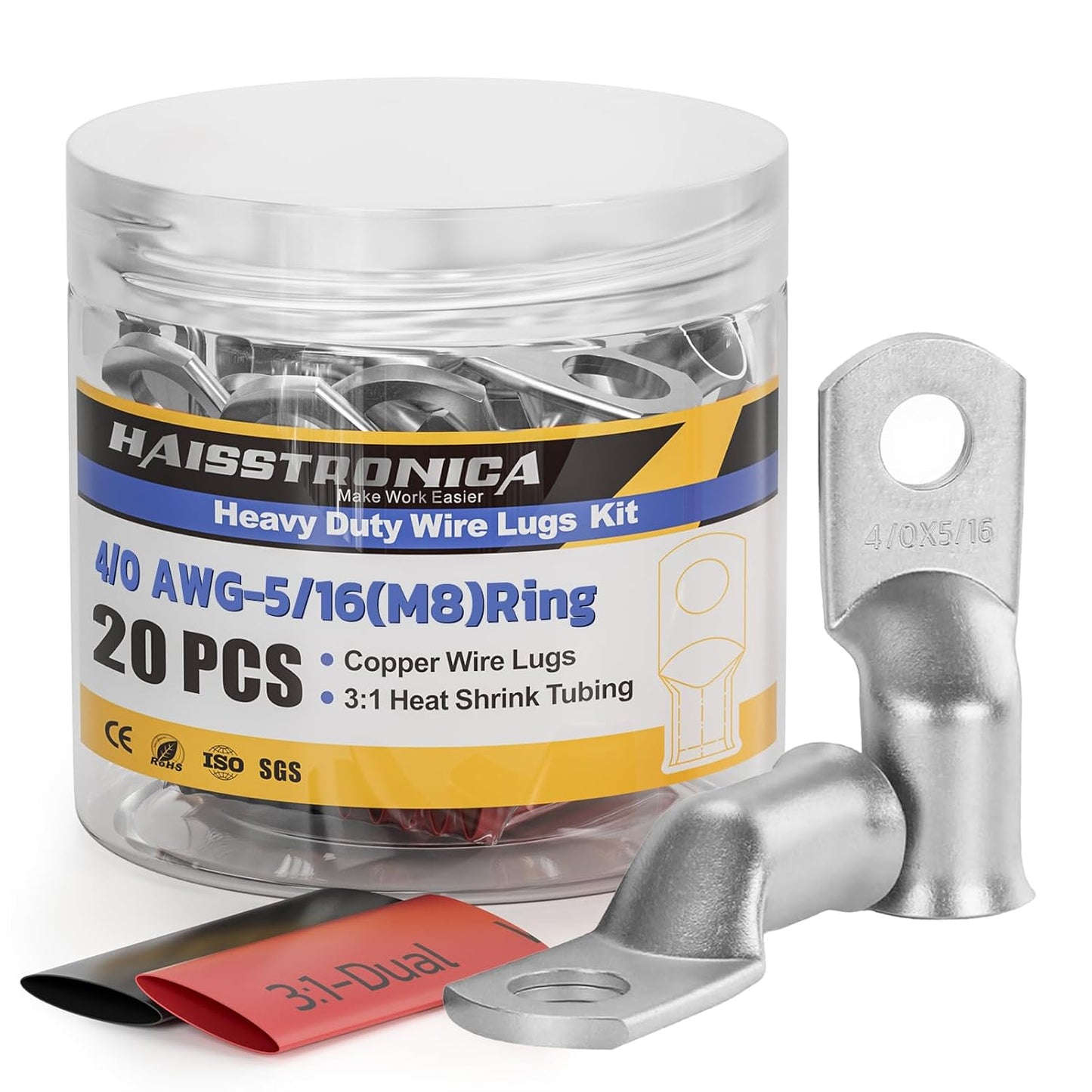 haisstronica 10pcs 4/0 AWG - 5/16"(M8) Tinned Copper Battery Lugs