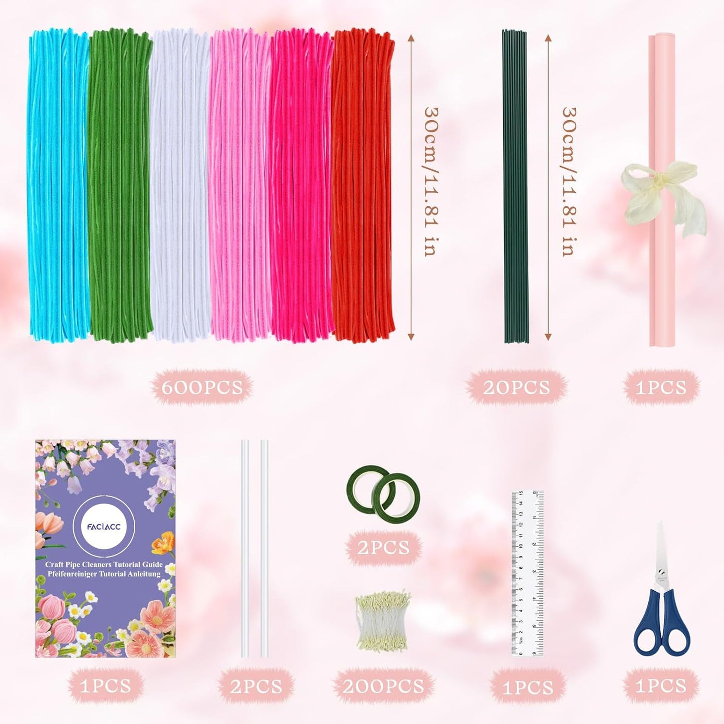 FACIACC 600PCS Pipe Cleaners Craft, 6 Assorted Colors Chenille Stems for DIY Bouquet Christmas Gift Party Decor (Red)