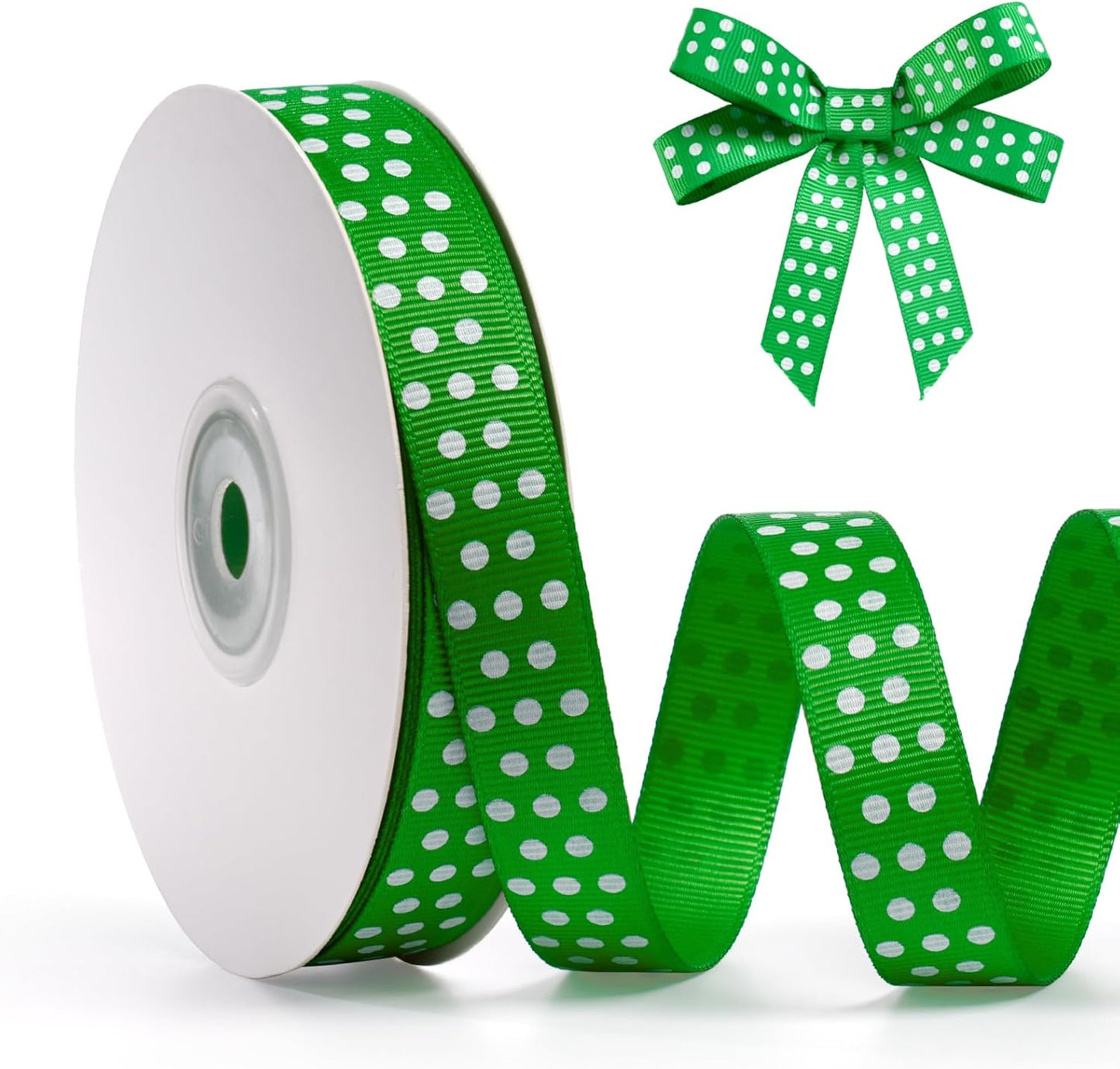 Polka Dot Grosgrain Ribbon 5/8 Inch, 25 Yards Spool Green and White Polka Dot Ribbon for Christmas Gift Wrapping DIY Crafts Hair Bows Wedding Party Decor Sewing and Home Decoration