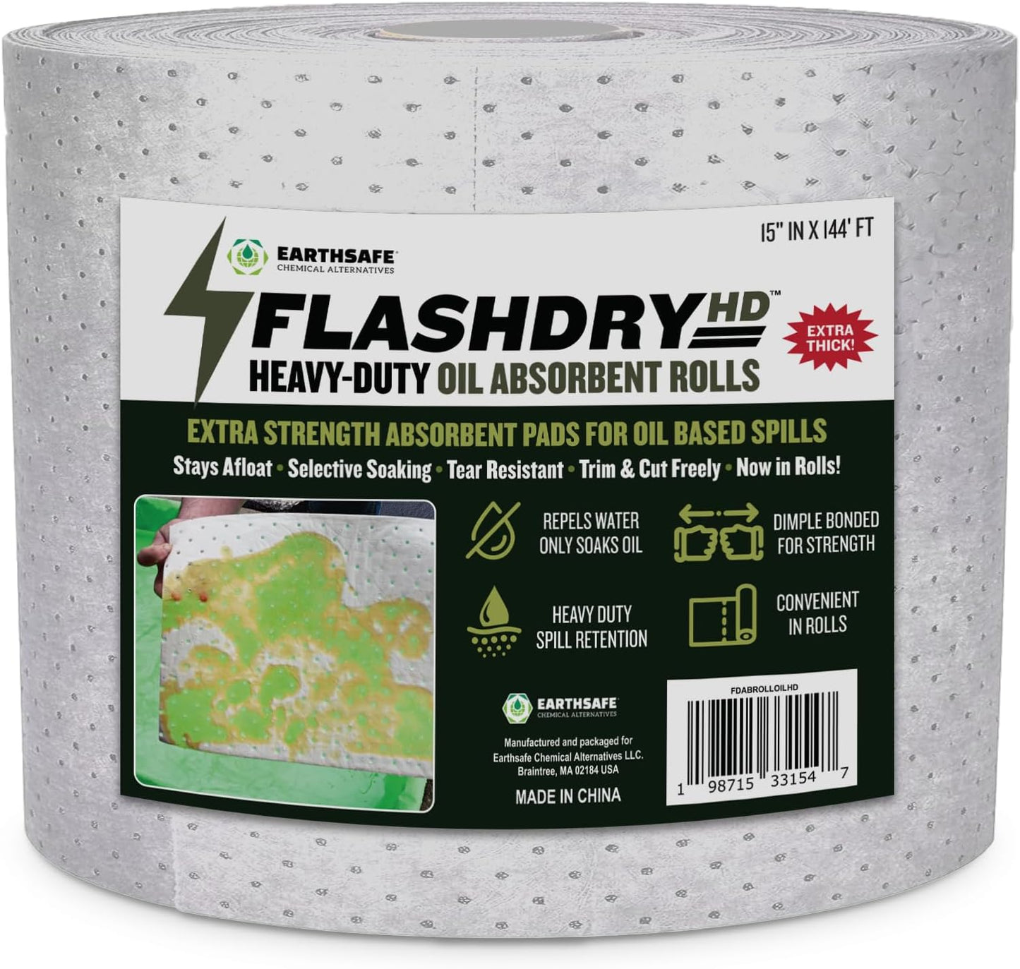 FLASHDRY Heavy Duty Oil Absorbent Roll - 300GSM/4mm (15" x 144 ft) - Oil-Only Spill Pads for Garage, Marine, Automotive & Industrial Use - Fast Absorbing, Unsinkable Oil Spill Pads, Cut to Size