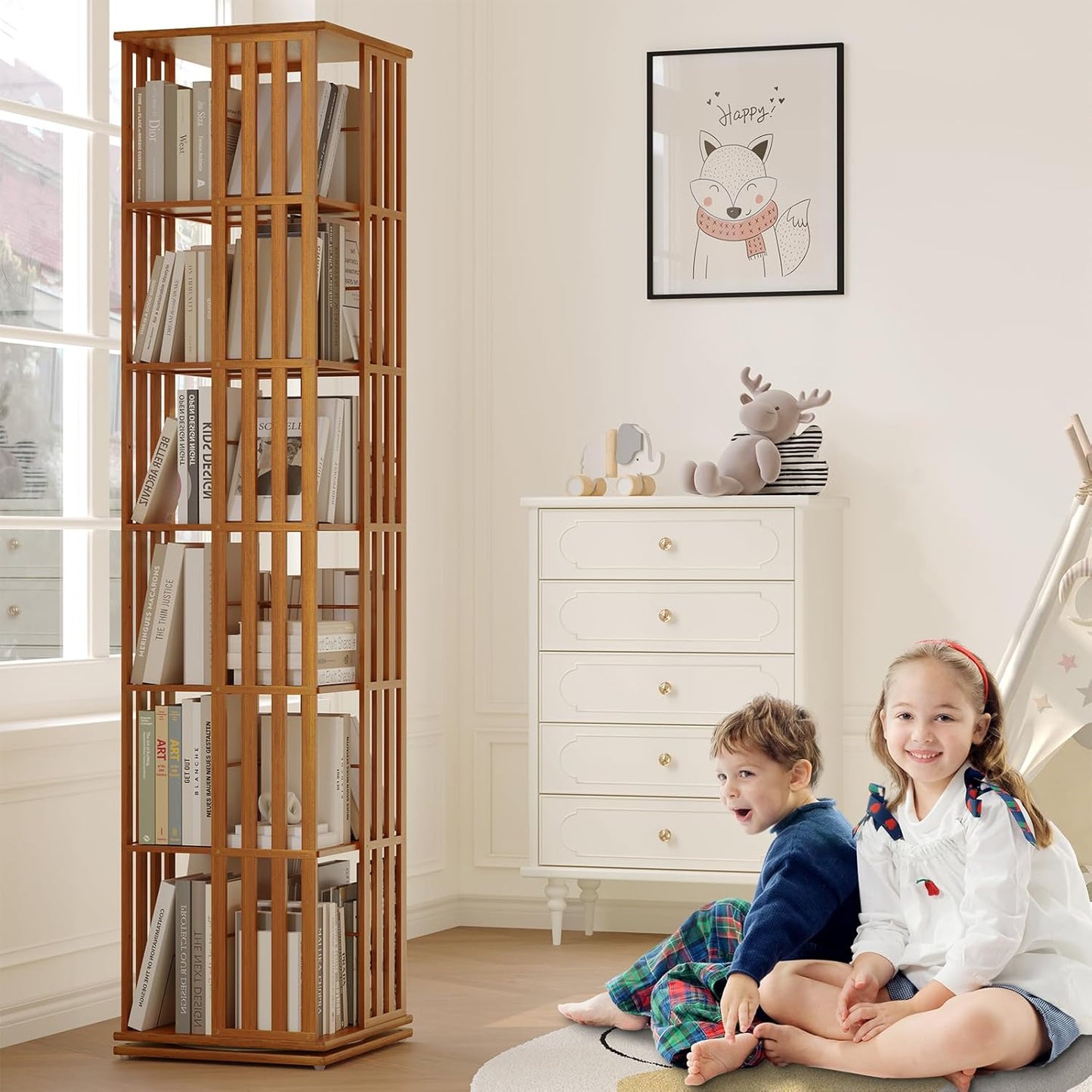 YOWOS Rotating Bookshelf Tower, 360 Display Spinning Bookcase, Bamboo Bookshelf Floor Standing Storage Rack, Wood Narrow Book Shelf Organizer for Kids&Adults, Walnut 6 Tier