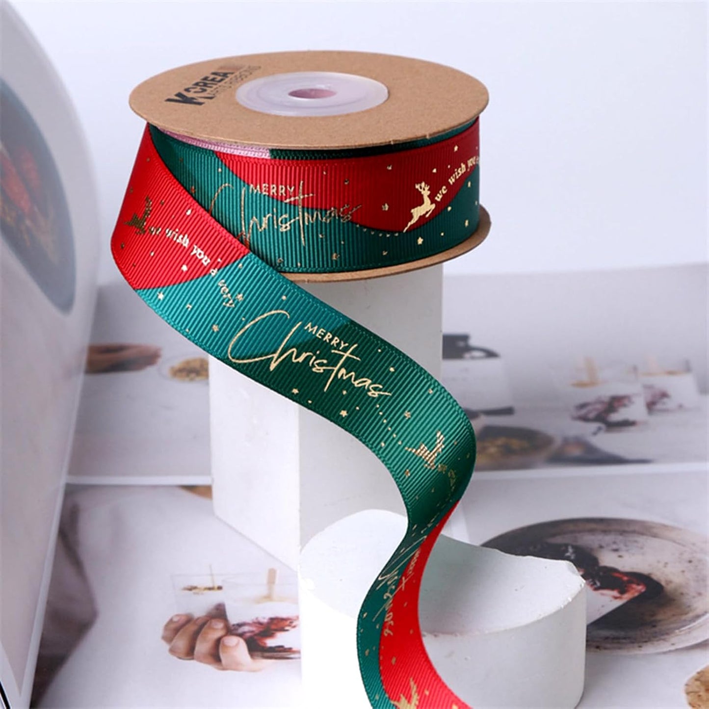 Christmas Gift Wrapping Ribbon, Red, Green, 2 Rolls Printed Grosgrain Ribbons for Crafts, Floral Bouquets, Sewing, Party and Festive Holiday Decor (2 Rolls(Color Blocking/Red), 1 Rolls=1in * 5Yards)