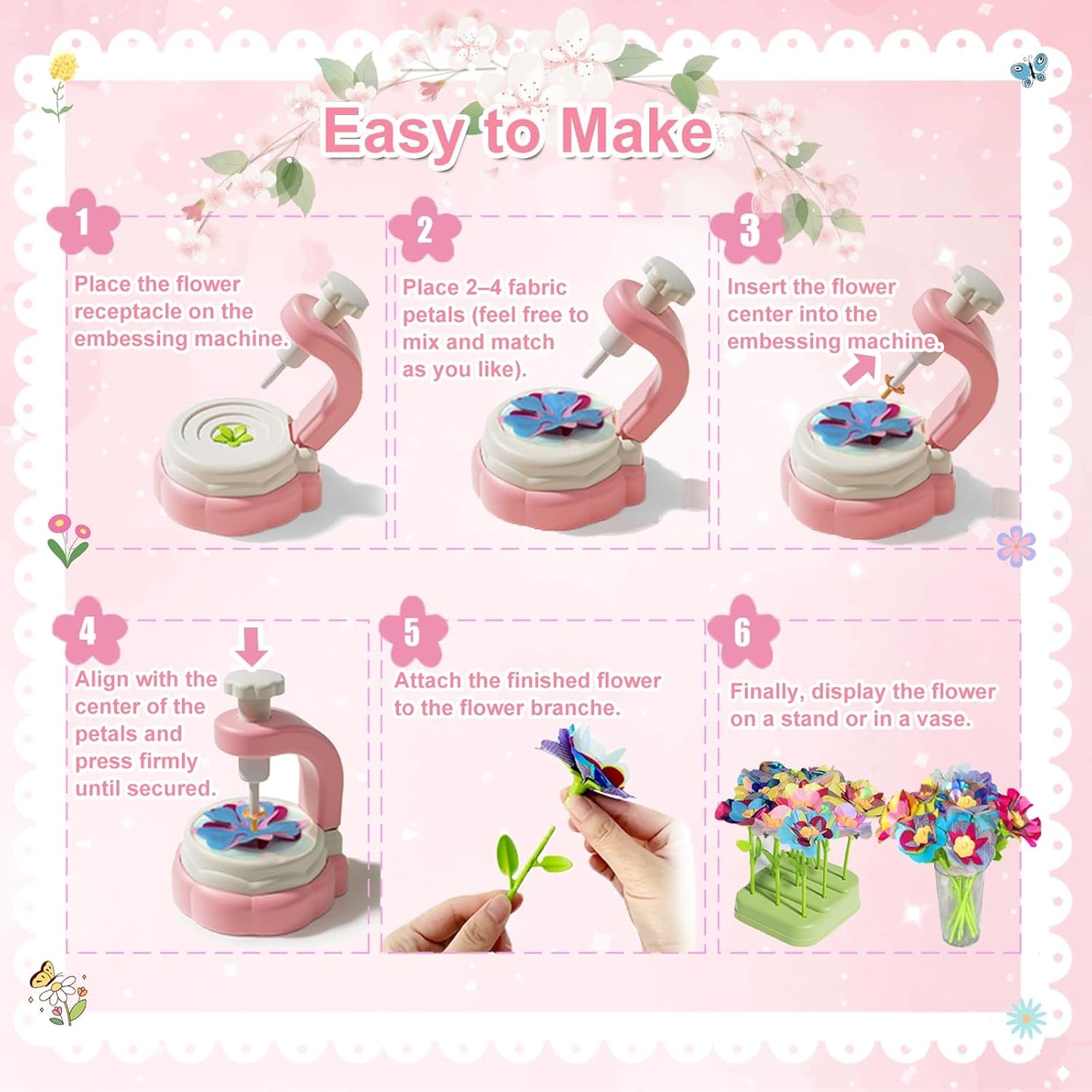 Xuoent Fabric Flower Bouquets Toys, Kids Craft Kits Ages 4-12, DIY Flower Making Kit, Creative Arts and Crafts for Kids, 4 5 6 7 8 Year Old Girl Birthday Gift