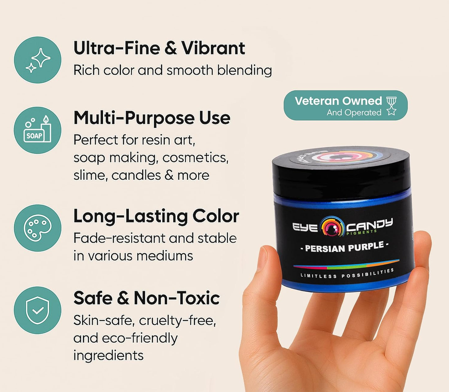 Eye Candy Pigments Premium Purple Mica Powder - Persian Purple (50gr) - for Epoxy, Resin, Soap, Paint, Woodworking, Acrylic Pouring, Bath Bombs, Fishing Lures - DIY Arts and Crafts Additive