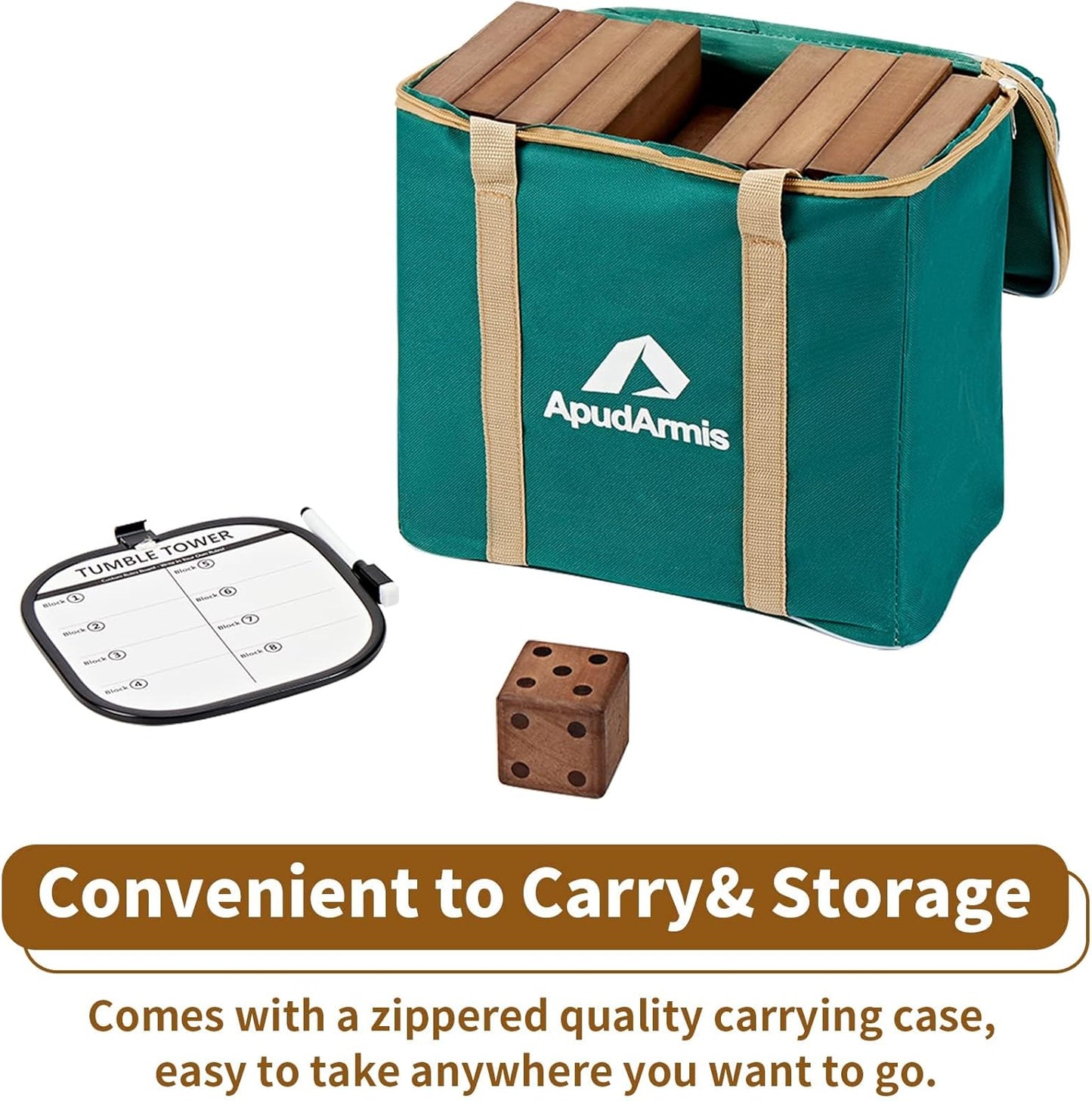 ApudArmis 60 PCS Giant Tumble Tower Stack to 5Ft, Pine Wooden Stacking Timber Game with 1 Dice Set - Classic Block Giant Outdoor Game for Adults Family (Brown)