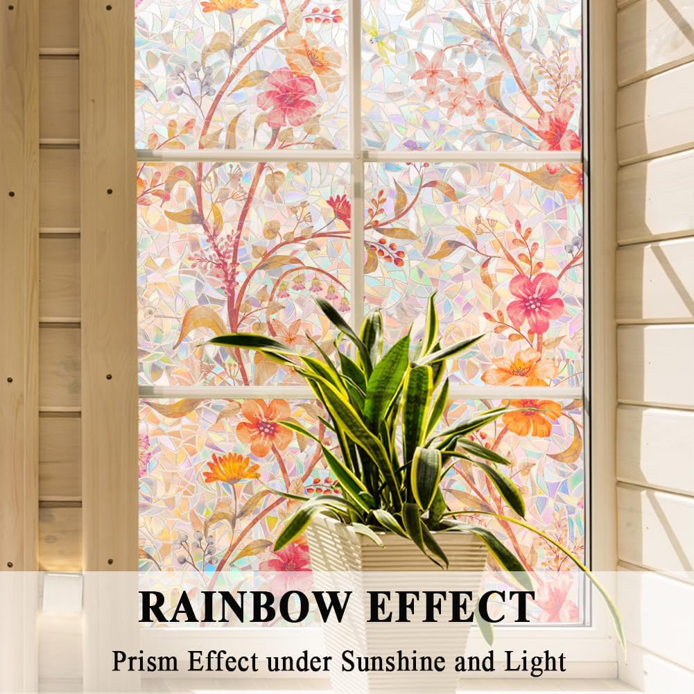 Stained Glass Window Film Static Cling Door Privacy Film Decorative Flowers Red Leaves Window Decals Stickers Heat Control Anti UV for Home and Office,17.5 inches by 78.7 inches