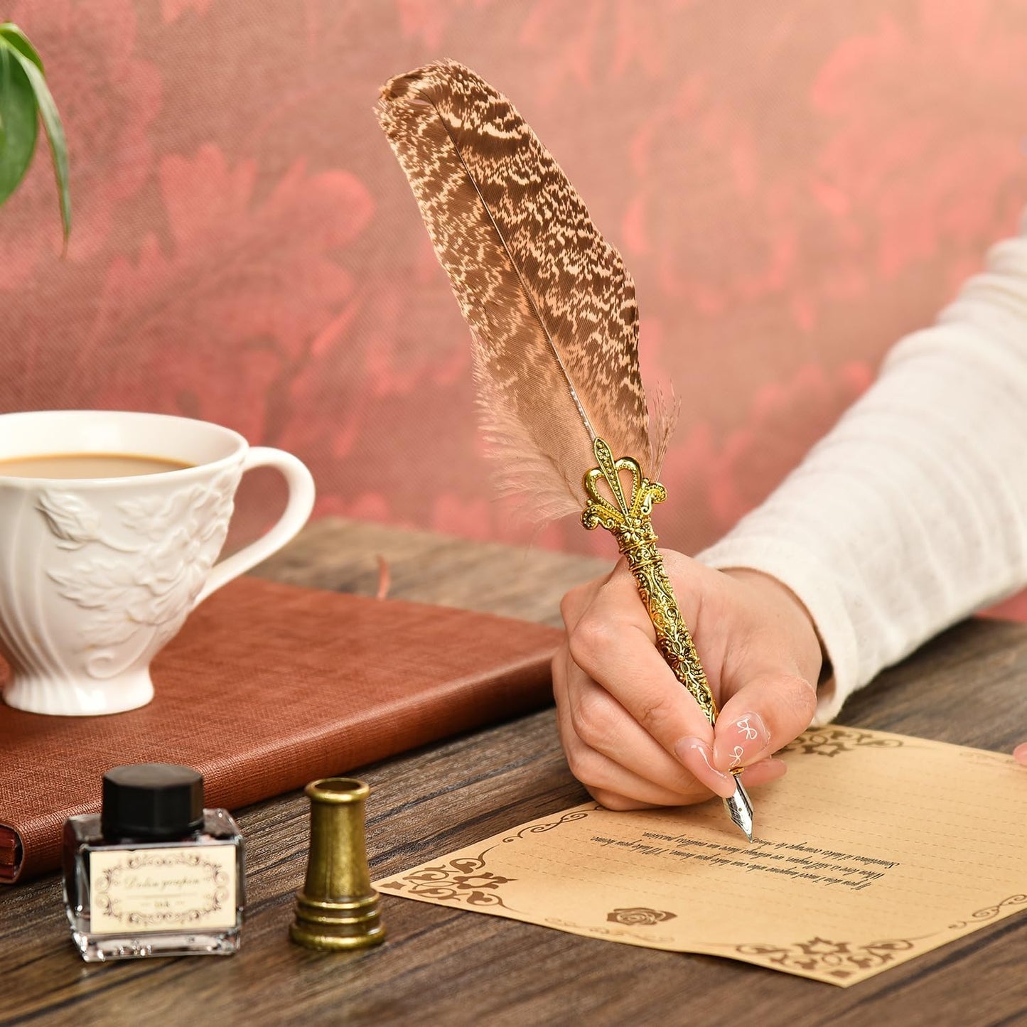 Hethrone Quill Pen Ink Set - Calligraphy Pen Ink Set Includes Feather Pen with Ink, Pen Holder and 5 Replacement Nibs Holiday Ideal Gifts (Brown)