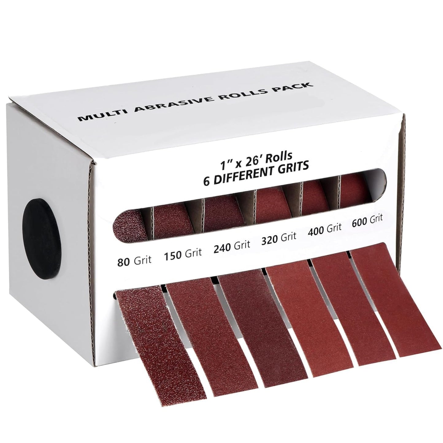 Emery Cloth Roll,6 Grits 1'' x 26FT Sandpaper Roll with Dispenser,80 150 240 320 400 600 Grit Sand Assortment,Sanding Paper Roll & Sandpaper Sheets for Metal Auto Wood Dry&Wet Polishing.(6Rolls 26FT)