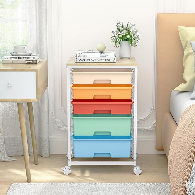 Craft cart,Rolling Cart with Drawers,Storage Cart with 5 Drawers and Wooden Tabletop for Under Desk Organizers and Storage,Macaron