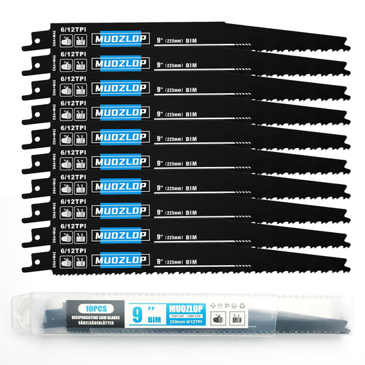 10 Pack 9 inch Reciprocating Saw Blades Set,6/12 TPI High Carbon Saw Blades, Woodcutting Saw Blades with Organizer Case (10, 6/12TPI/225mm)