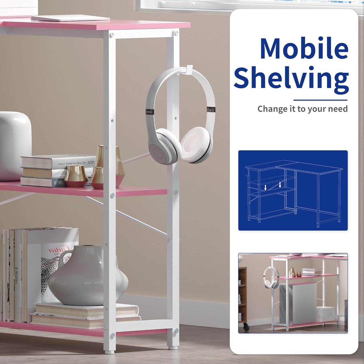 Pamray 43 Inch L Shaped Computer Desk with Reversible Side Storage Shelves, Small Corner Desk for Small Space Home Office,Writing Study Table PC Desk for Bedroom,Pink with White Leg