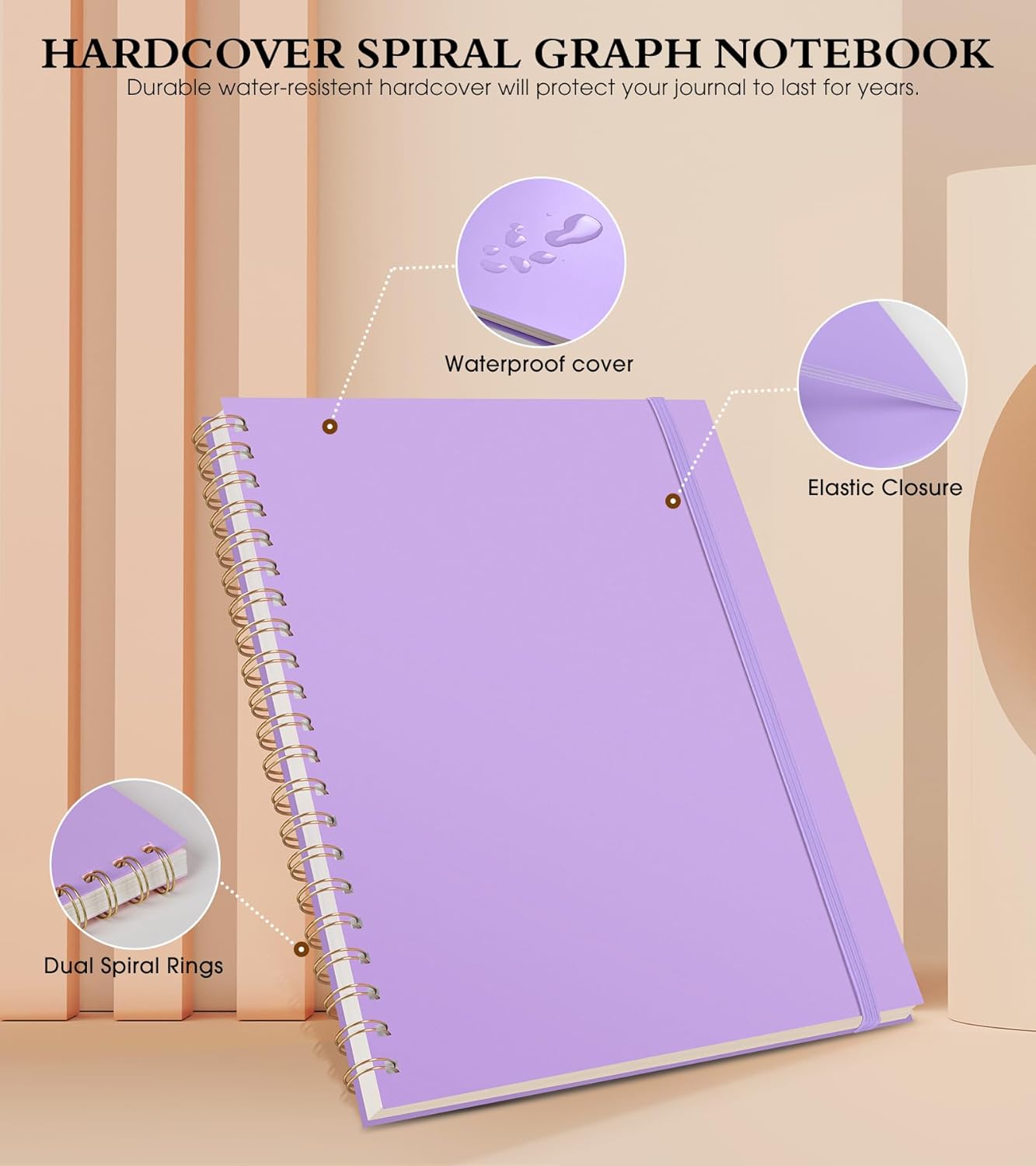 Graph Paper Notebook, Spiral Notebook Journal 8.5” x 11”, A4 Large Grid Notebooks for Women Men, 100 GSM Graph Paper, Plastic Hardcover Spiral Graphing Journals for Work School Engineerin, Purple