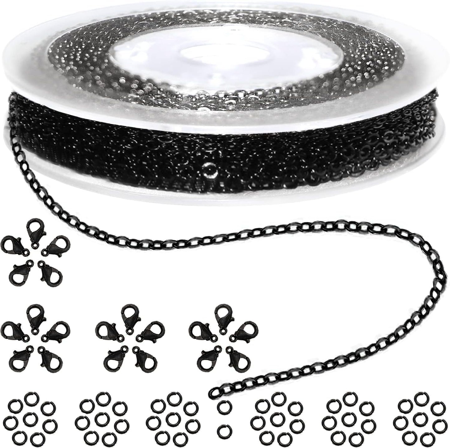 Jishi 33ft Link Cable Chain Roll 2mm, Black Chain for Jewelry Making Necklace Earring Bracelet DIY Craft Jewelry Making Findings Supplies, Black Plated Iron Metal Rolo Necklace Chain Spool Set