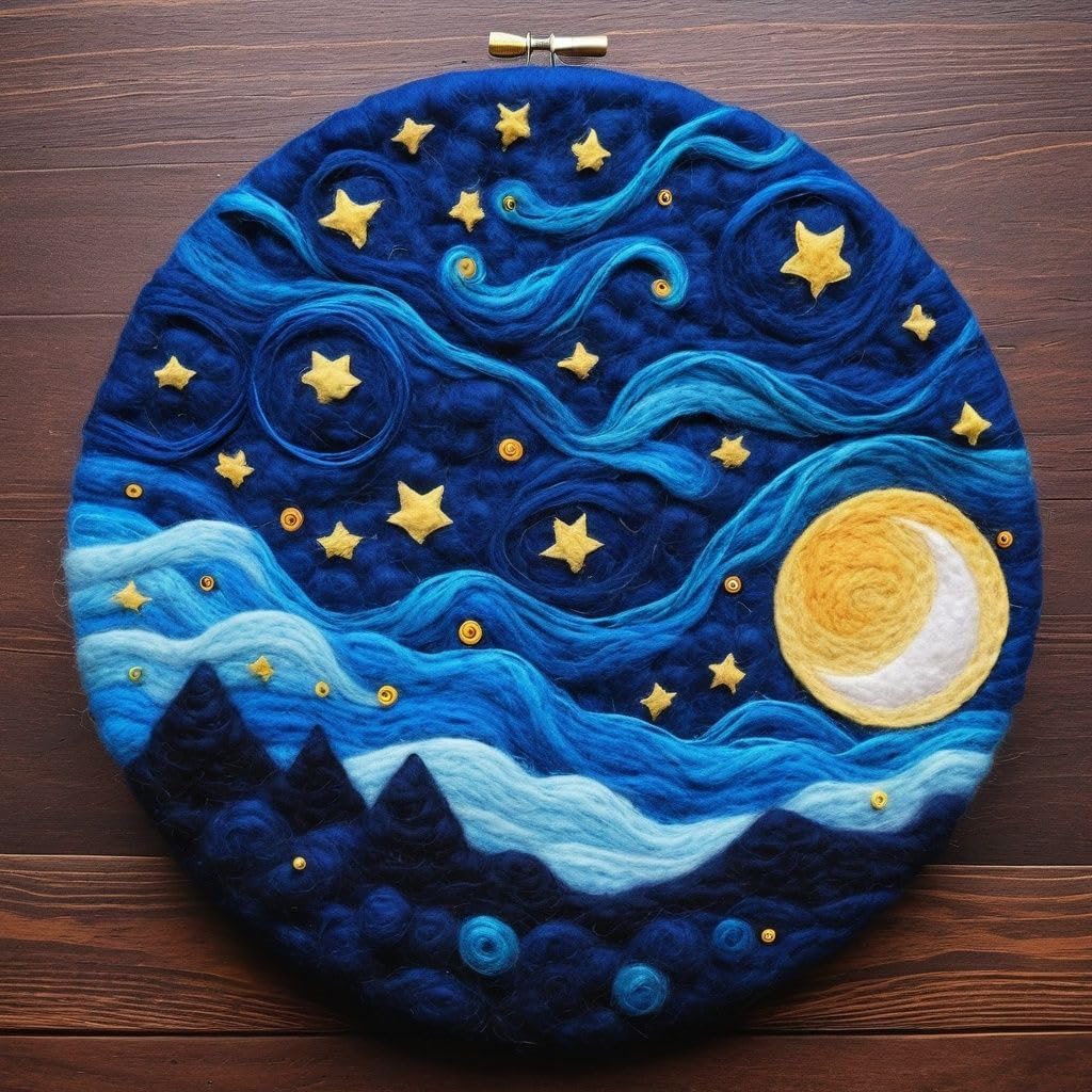 yesJRL Needle Felting Kits Beginners, Natural Landscape DIY Wool Needle Felting Starter Kit, Floral Needle Felt Set with Foam Pad, Felt Cloth and Instructions, Used for Home Decoration (Blue)