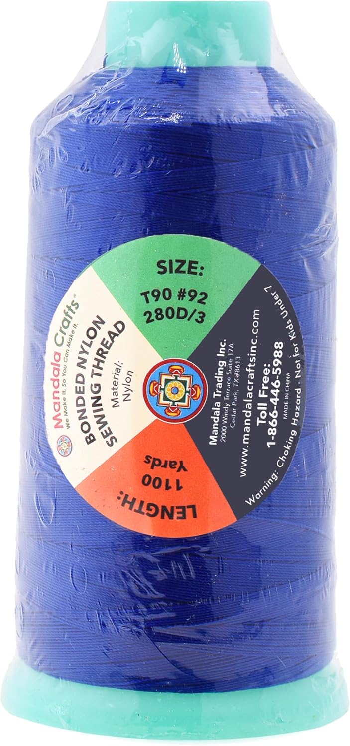 Mandala Crafts Bonded Nylon Thread Royal Blue Heavy Duty Sewing Threads - 1100 YDs Size 92 280D T90 Tex 90 Thread for Leather Jeans Weaving Outdoor Marine Upholstery Threads