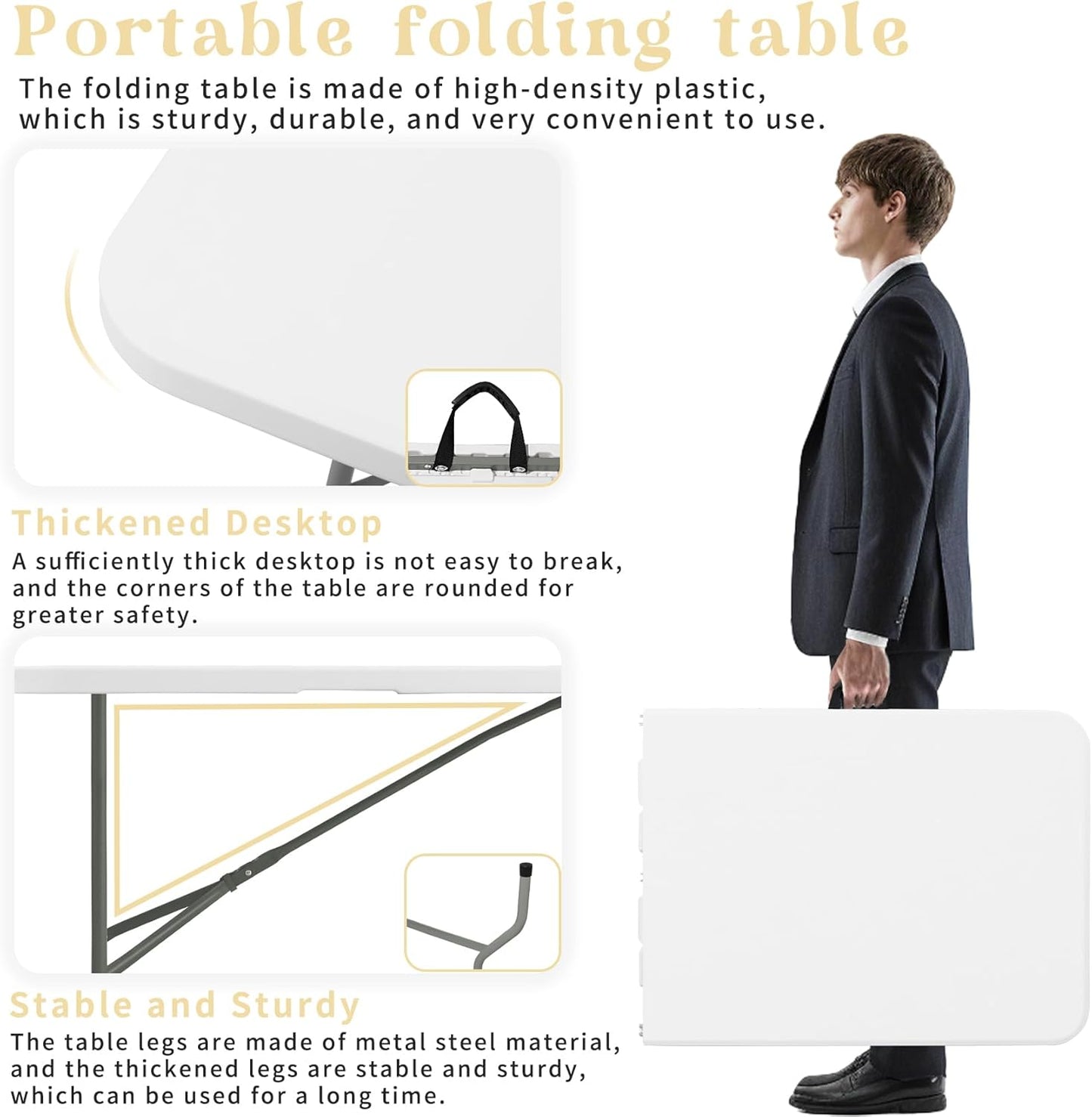 Folding Table 6 FT Lightweight Camping Table Portable Plastic Rectangular Outdoor Dining Table Steel Legs Fold-in-Half with Carrying Handle for Indoor,Picnic,Party,Wedding,Events(White)