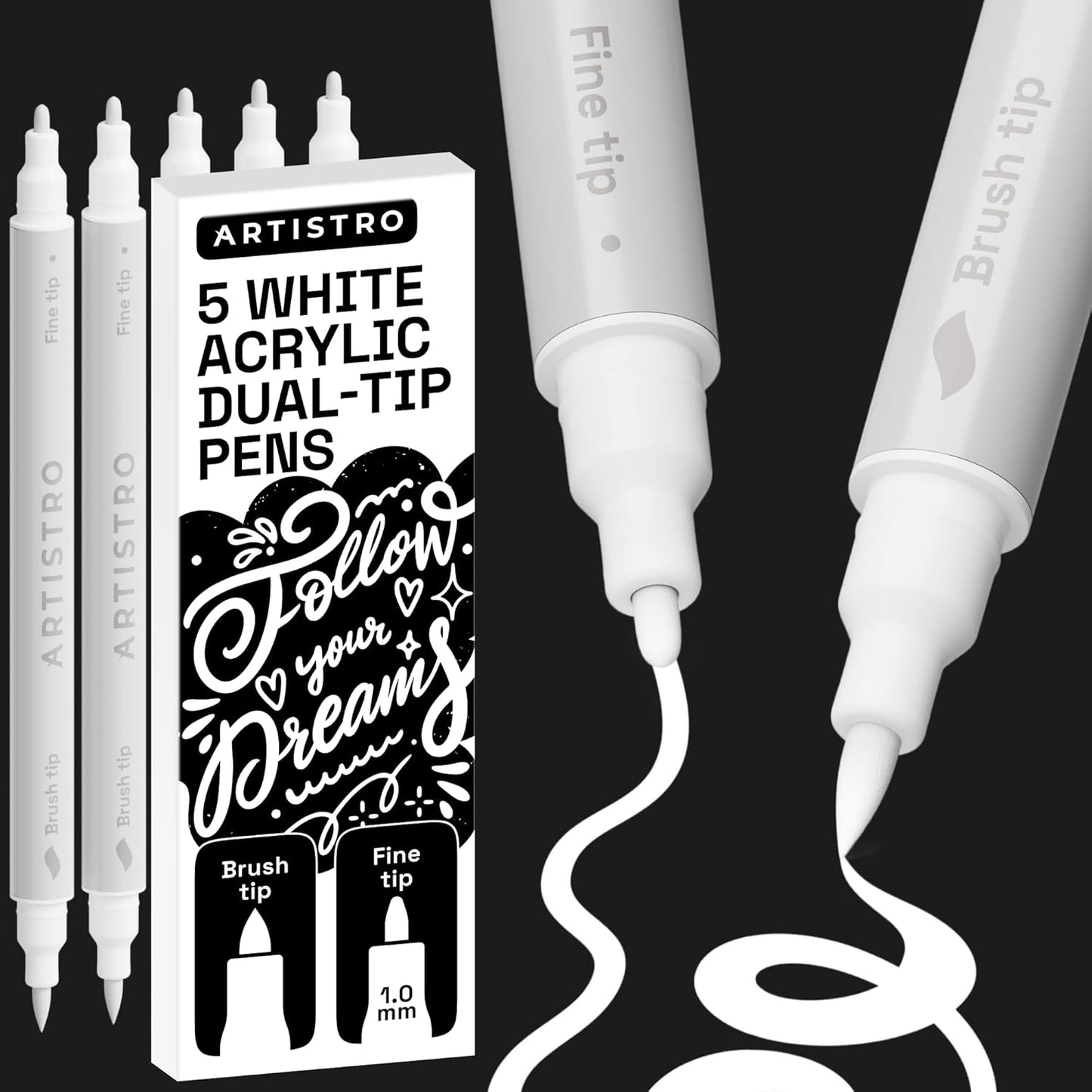 ARTISTRO 5 White Dual Tip Brush + Fine Acrylic Paint Markers - Easy for All Ages & Levels Paint Pens for Fabric, Rock, Glass, DIY - Halloween Pumpkin Painting Kit, Art Supplies, Christmas Gift