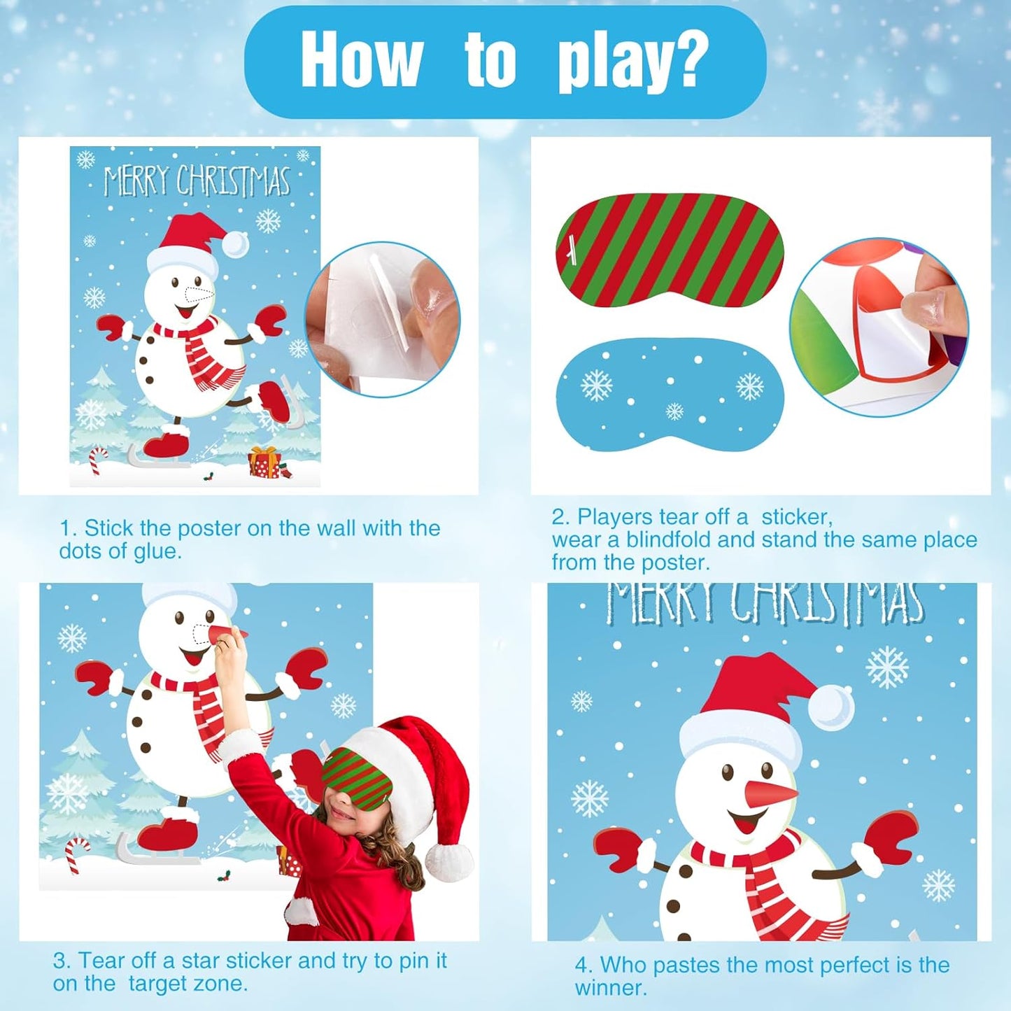ASTARON Pin The Snowman Nose Christmas Pin The Tail Party Games Activities for Kids 36 Stickers Christmas Party Decorations School Classroom Activities