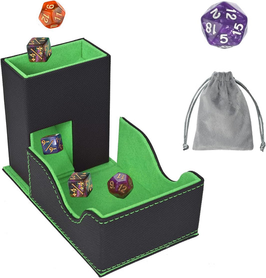 Dice Tower and Tray, Portable Commander Deck Box, Foldable Dice Storage Box for Dungeons and Dragons Rolling Tray Black/Green
