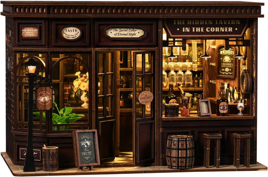 Book Nook Kit - DIY Miniature Dolls House Kit with Furniture and LED Light, 3D Puzzle Wooden Art Bookends, Model Kits for for Adults and Teens (Corner Tavern)