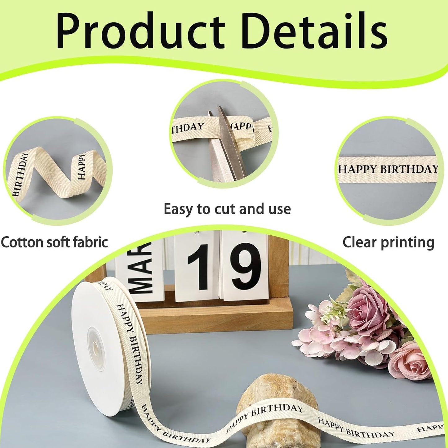 Cotton Herringbone Ribbon - Natural Twill Tape for Custom Gift Wrapping & DIY Crafts-5/8 Inch x 15 Yards - Happy Birthday Printed Phrase