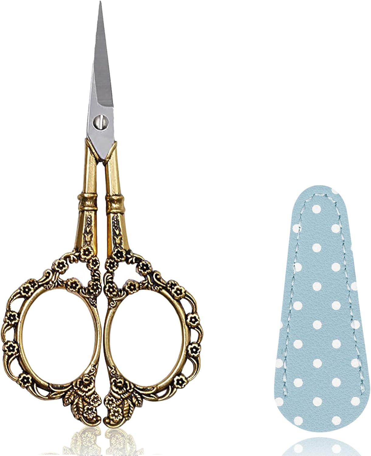 BIHRTC 4.5inch Small Sewing Scissors with Leather Case Sharp Tip Stainless Steel Scissors Vintage Shears Detail Yarn Thread Snips for Office Home Sewing Supplies Cross Stitch Needlework DIY Gold