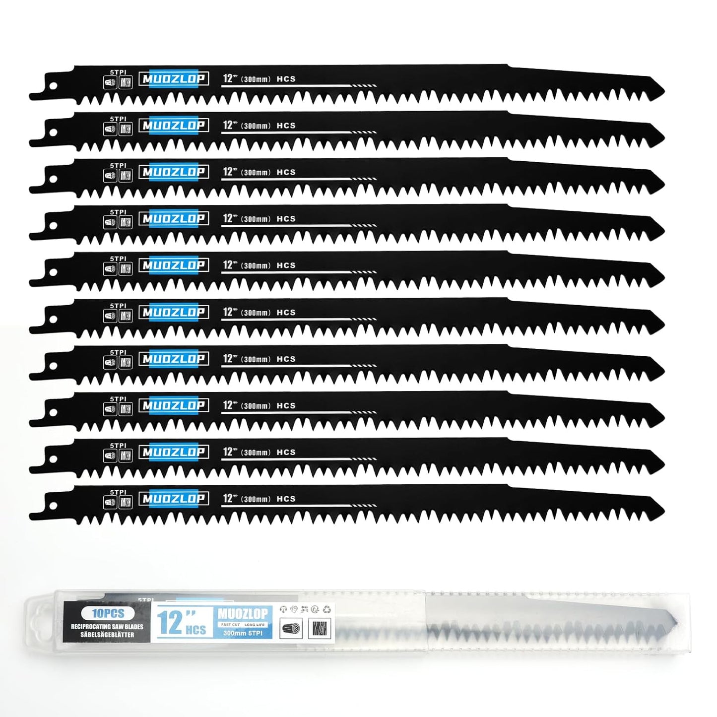 10 Pack 12 inch Reciprocating Saw Blades Set,5 TPI High Carbon Saw Blades,Woodcutting Saw Blades with Organizer Case (10, 5TPI/300mm)