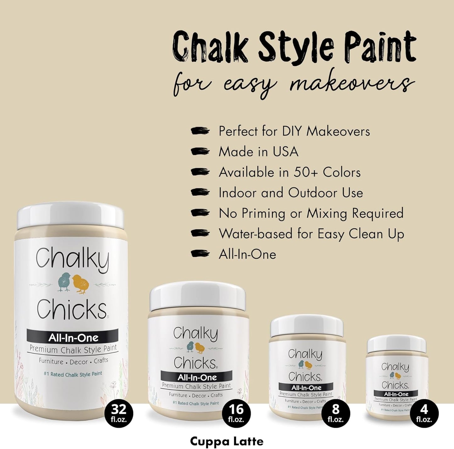 Chalky Chicks All-in-One Chalk Paint for Furniture or Cabinet - 4 Fl Oz - Matte Finish Cuppa Latte Tan for Metal, Wood Furniture Paint - No Sanding All-in-One for Home Decor & Crafts, USA Made