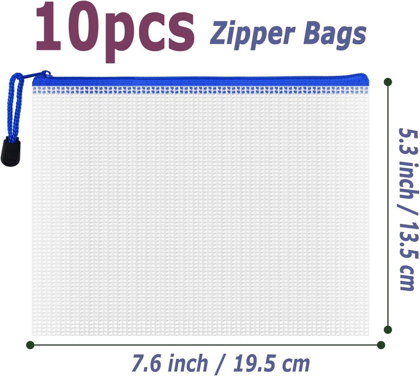 AUSTARK 10 Pcs Zipper File Bags, Waterproof Plastic Mesh Pouch for Office School, Board Game Storage Bags (B6 Size 7.6''x5.3'', White and Blue)