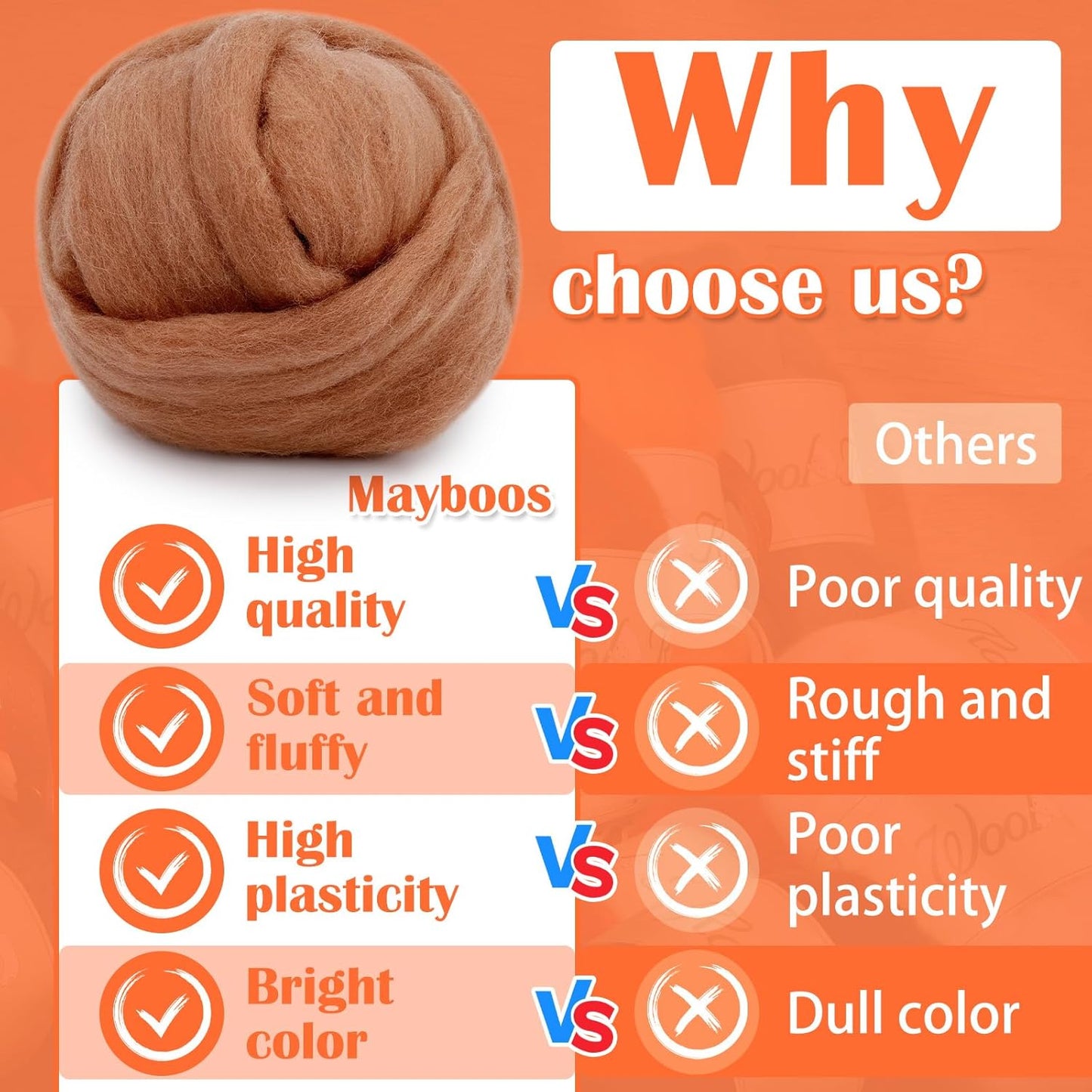 Mayboos Wool Roving Yarn, 1.76oz Colored Natural Wool Roving,Wool Felting Supplies Pure Wool Chunky Yarn for Wet Felting handcrafts and Spinning (Oak Brown)