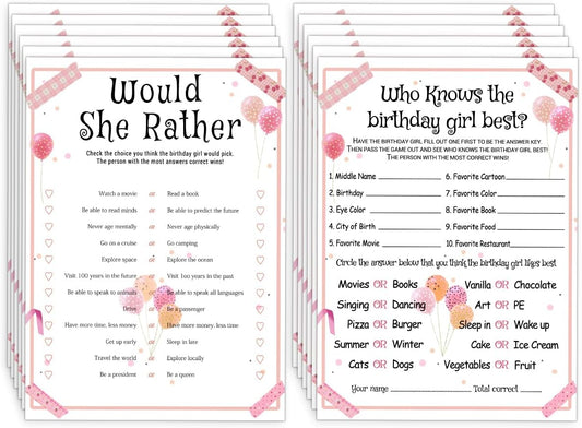 ALodr 20 Pcs Who Knows the Birthday Girl Best, Would She Rather Games for Girl Birthday Party, Funny Birthday Party Games, Double Sided, 5x7 Inches