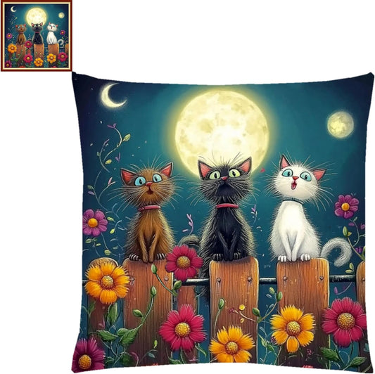 Fanxvivy Stamped Cross Stitch Kits for Adults Beginners Pillow Needlepoint Kit with Embroidery Pattern Needlework Kit Prestamped Stitches Kit 11CT Cross Stitching-Three Cats Admiring Moon 18x18 inch