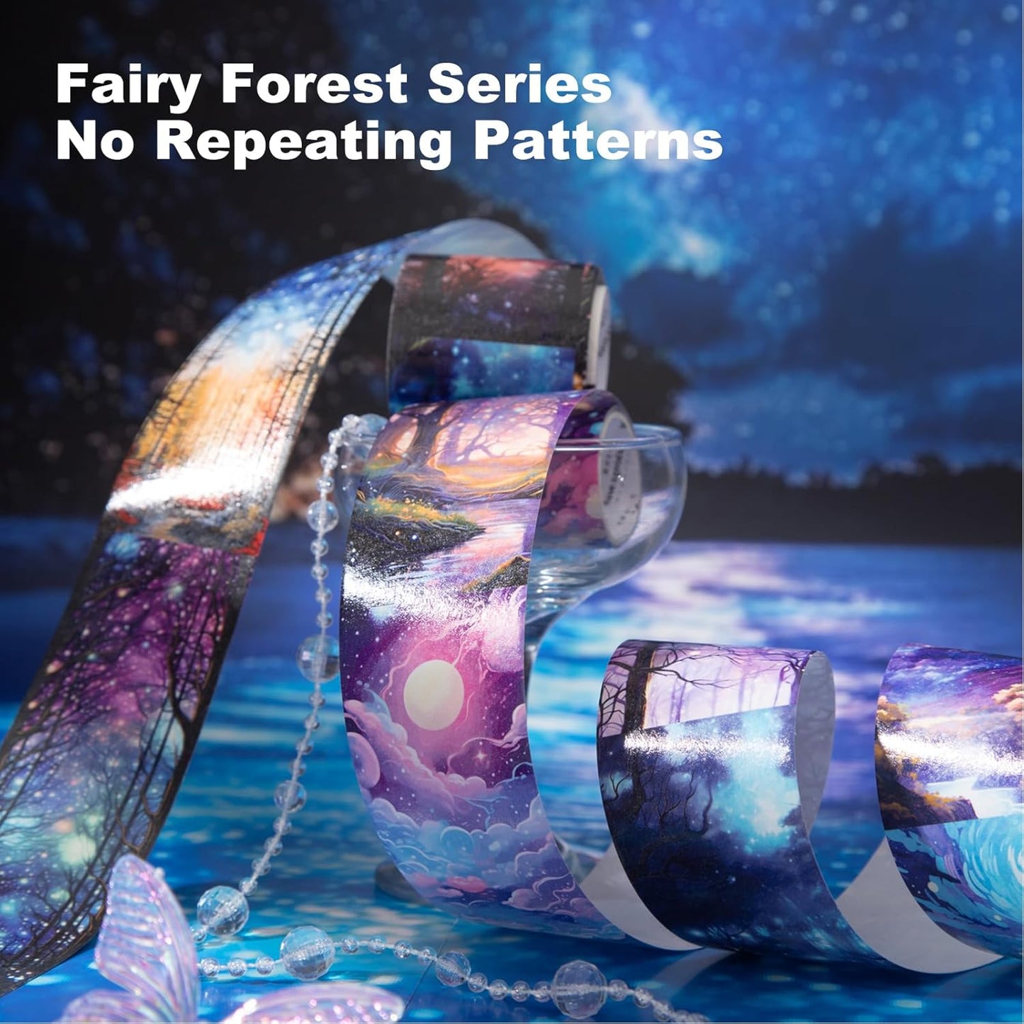 6 Rolls Fantasy Washi Tape Set – Non-Repeat Magical Forest and Galaxy Designs for Scrapbooking, Journaling, Planner, DIY Crafts with Storage Clip