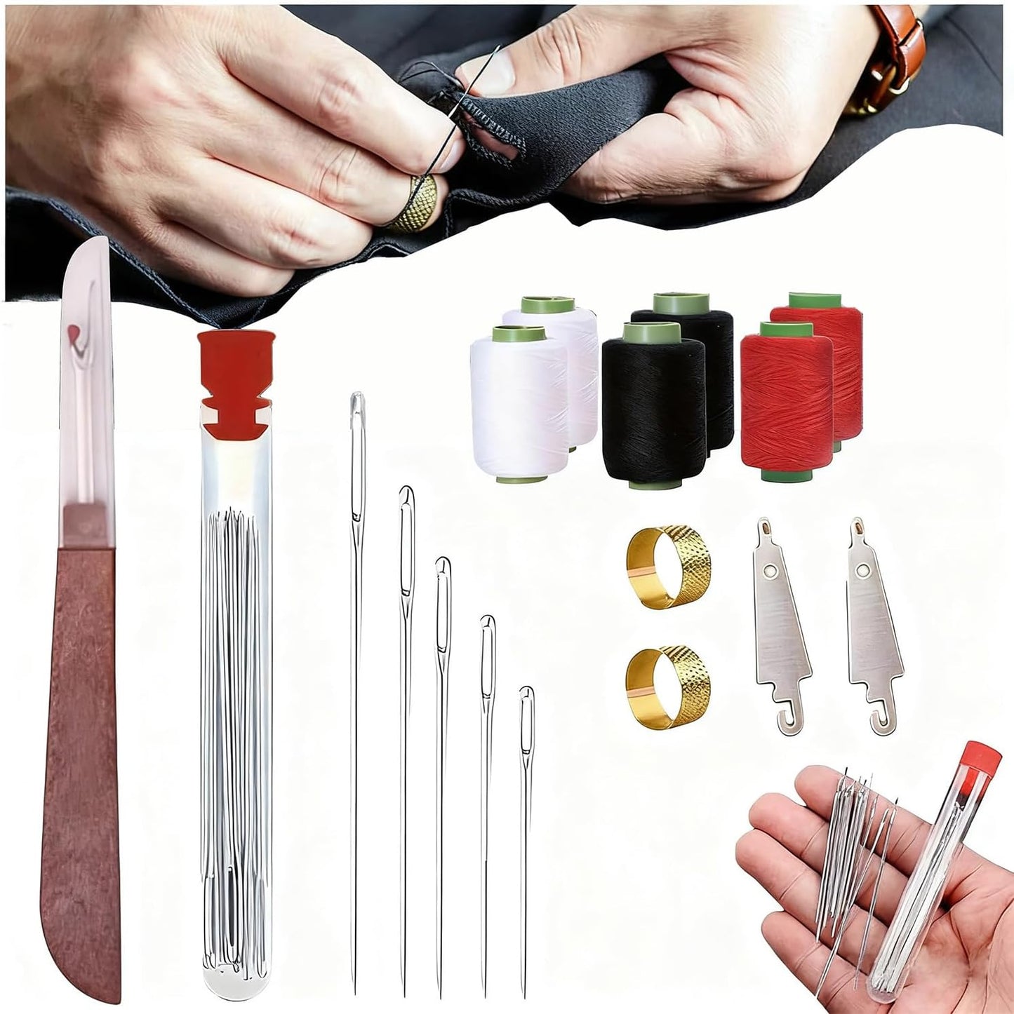 Big Eye Steel Sewing Needles Kit, 37-Piece Stainless Steel Hand Sewing Set with Thread, Thimble & Threader, for DIY Crafts, Home Travel Mending and Emergency Repairs on Leather and Denim