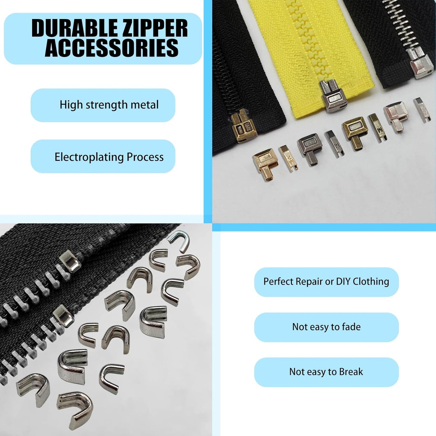 80pcs Metal Zipper Insertion Pin Kit Zipper Head Slider Accessories Stopper Repair Latch Slider Retainer Open-End Bottom Top Stops for Jackets Coats 4 Colors DIY Sewing Replacement, 4 Sizes