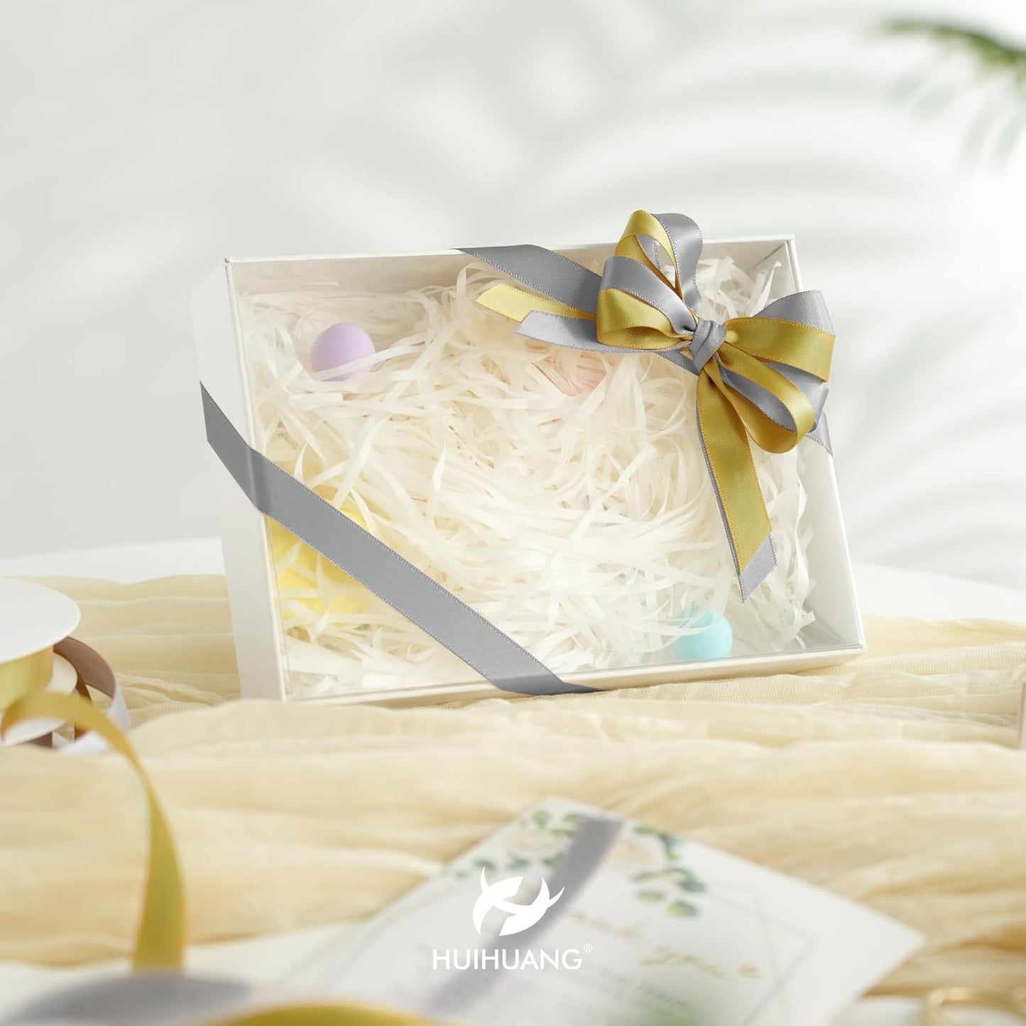 HUIHUANG Gold Satin Ribbon 1/2 inch X 50 Yards Continuous, Golden Double-Faced Satin Ribbon for Gift Wrapping, Bows, DIY Crafts, Flower Bouquet, Wedding Bridal Shower Decor, Hairs