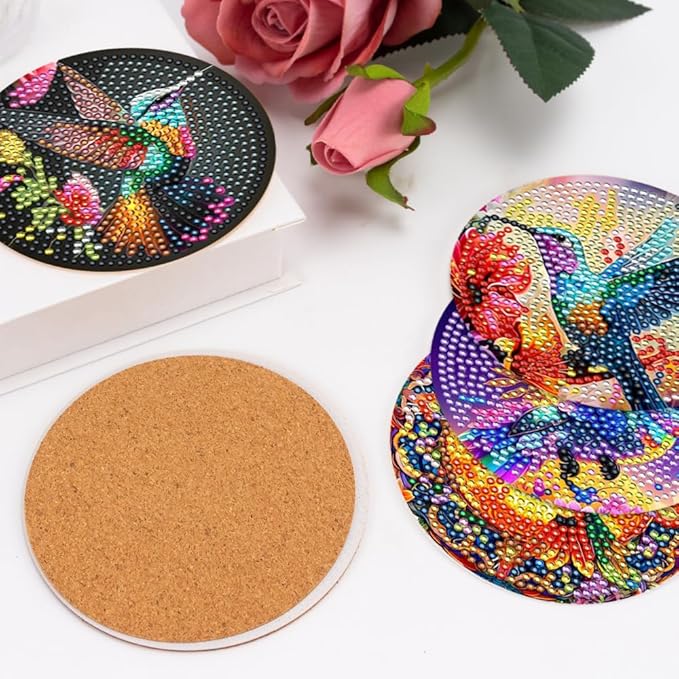 8 Pcs DIY Hummingbird Flowers Coasters with Holder - Diamond Art Painting Kits for Adults & Kids - Gift