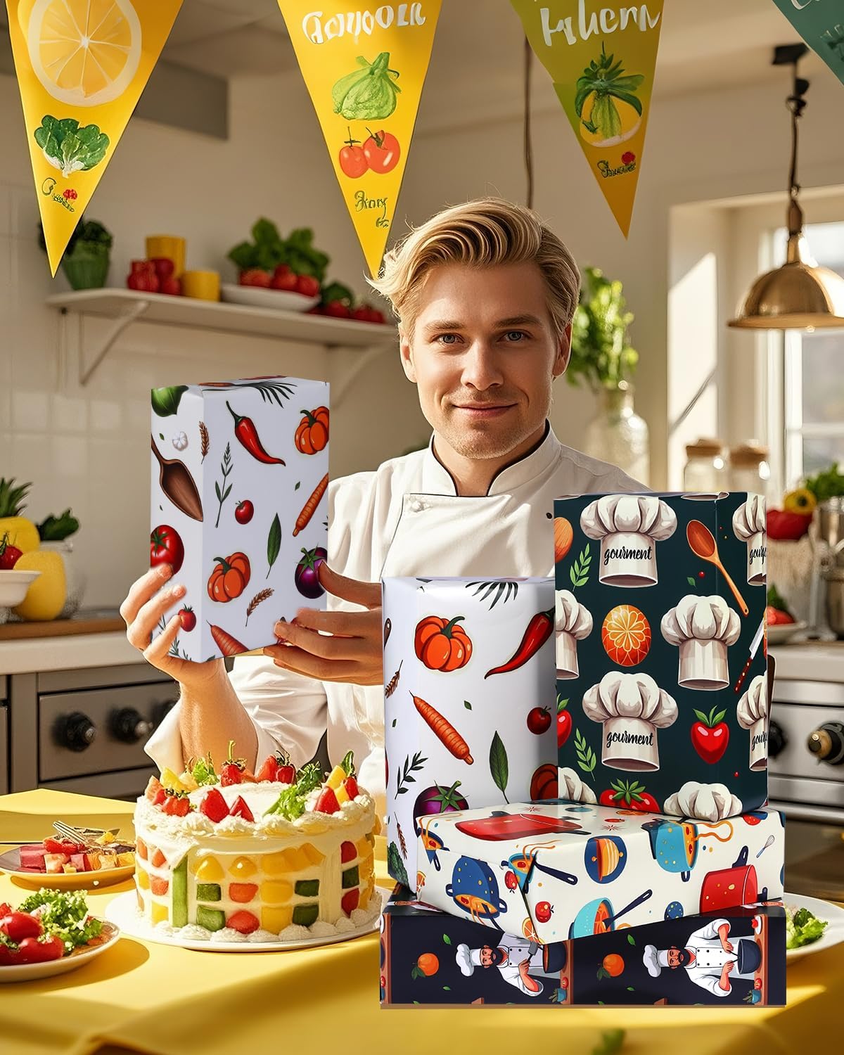 Pineraap 12 Sheets Chef Cooking Wrapping Paper, Vegetable Cooking Theme Gift Wrap Paper for Baker, Tomato, Chef Design Folded Flat Art Paper for Birthday, Kitchen Gifts, DIY Crafts, 19.7 x 27.6 Inch